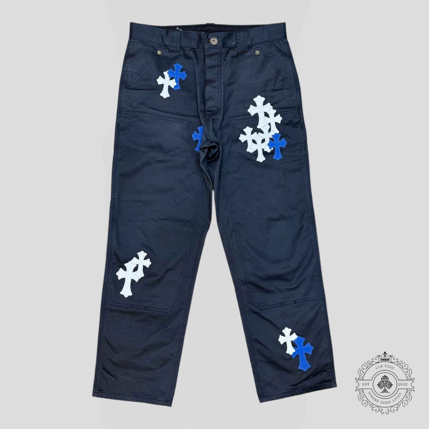 Chrome Hearts Cross Patch Double Knee Carpenter Pants in Blue/White