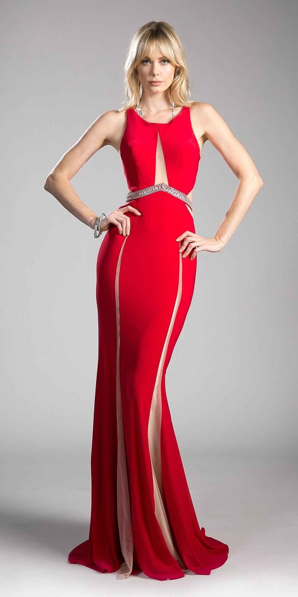 Cinderella Divine 62806 Beaded Waist Cut Out Back Long Dress
