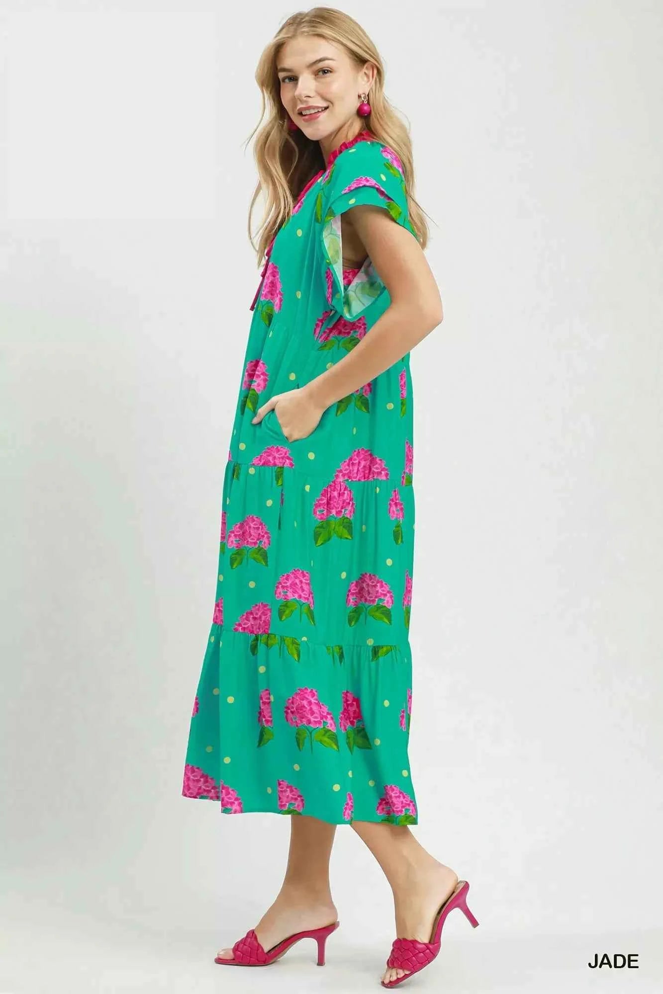 Umgee Hydrangea Print Tiered Midi Dress
