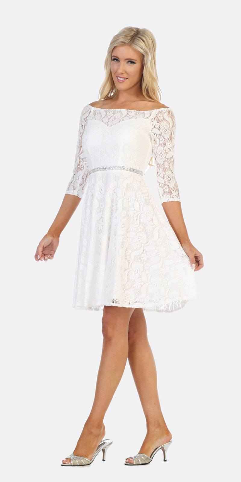 CLEARANCE - Celavie 6343S Off-the-Shoulder Short Lace A-Line Dress (Size XL)