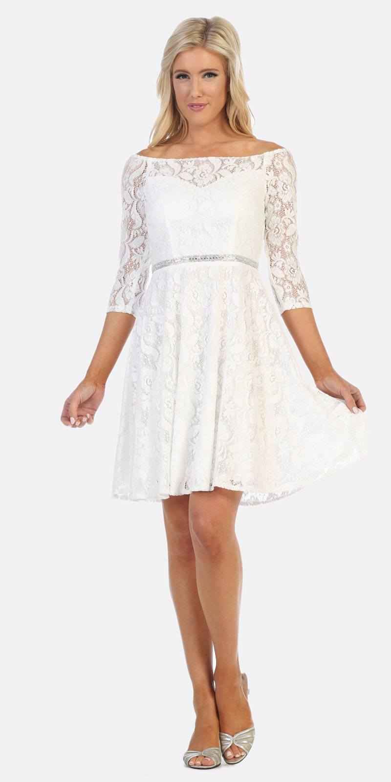 CLEARANCE - Celavie 6343S Off-the-Shoulder Short Lace A-Line Dress (Size XL)
