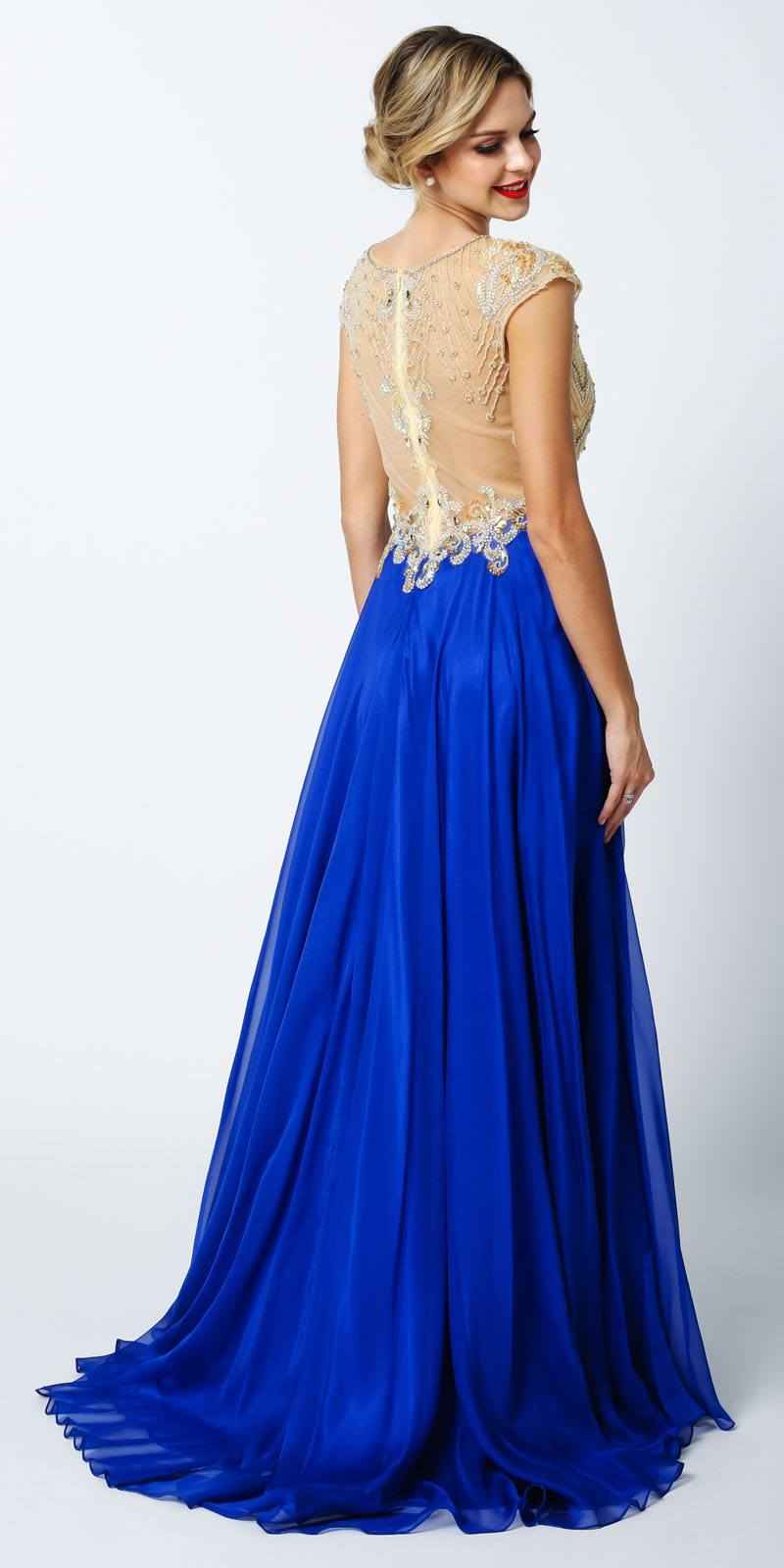 Juliet 636 Beaded Bodice Cap Sleeve Prom Gown with Slit and Train