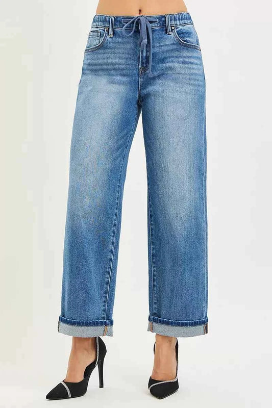 RISEN Elastic Band Slouch Ankle Boyfriend Cuffed Hem Jeans