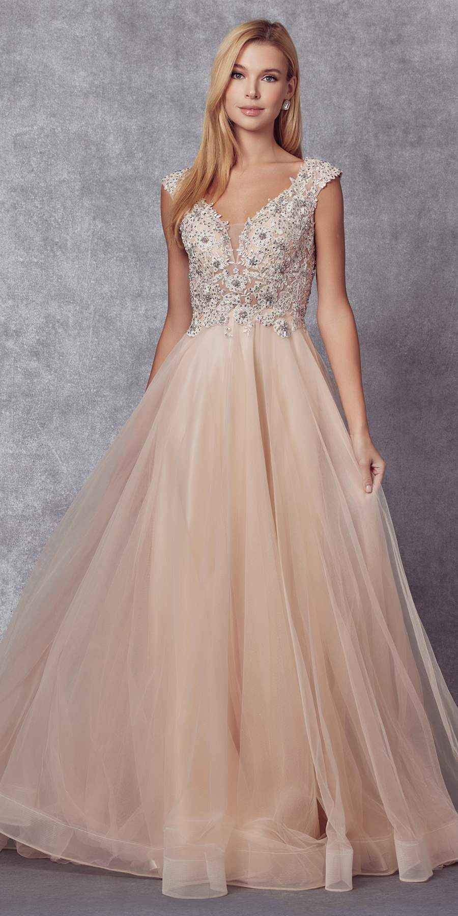 Juliet 684 Cap Sleeved Long Formal Dress with Appliques