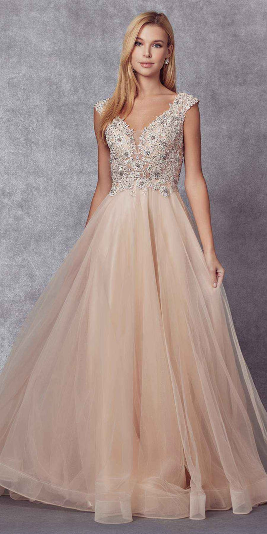 Juliet 684 Cap Sleeved Long Formal Dress with Appliques