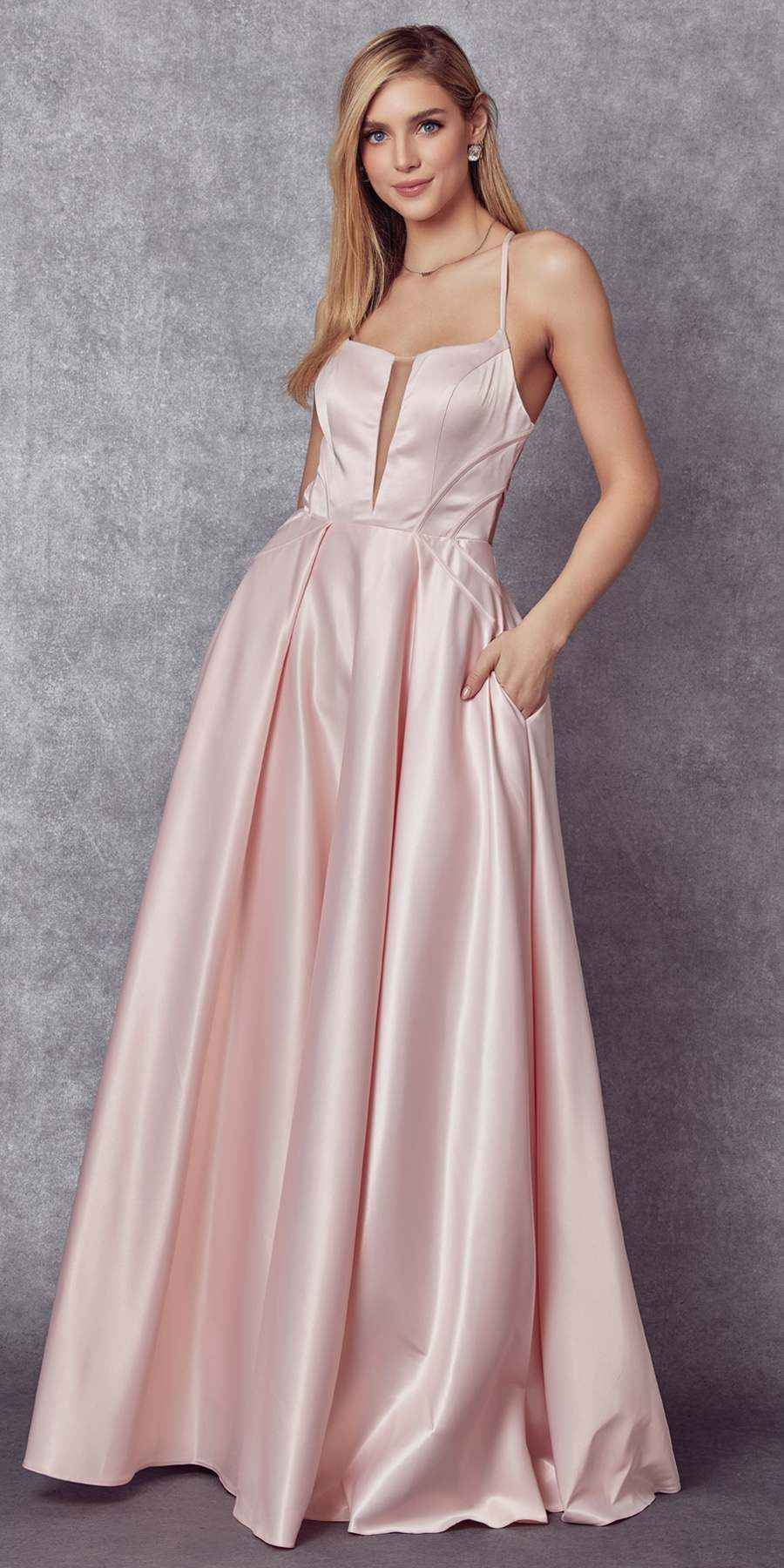 Juliet 687 Long Shiny Satin A-line Prom Gown with Pockets