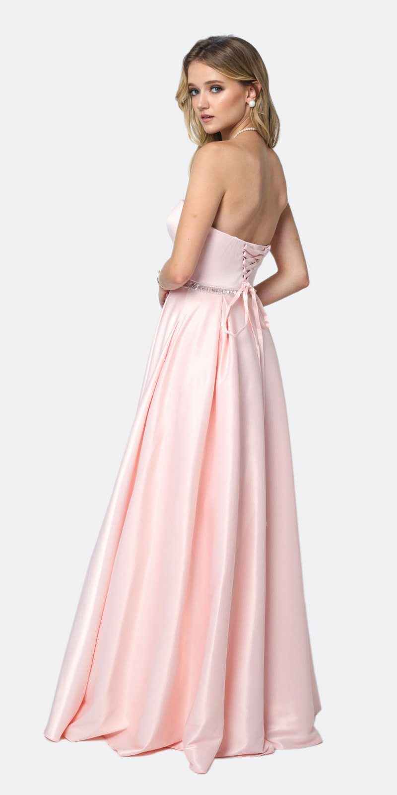 Juliet 688 Floor Length Shiny Satin A-Line Gown Beaded Belt with Pockets