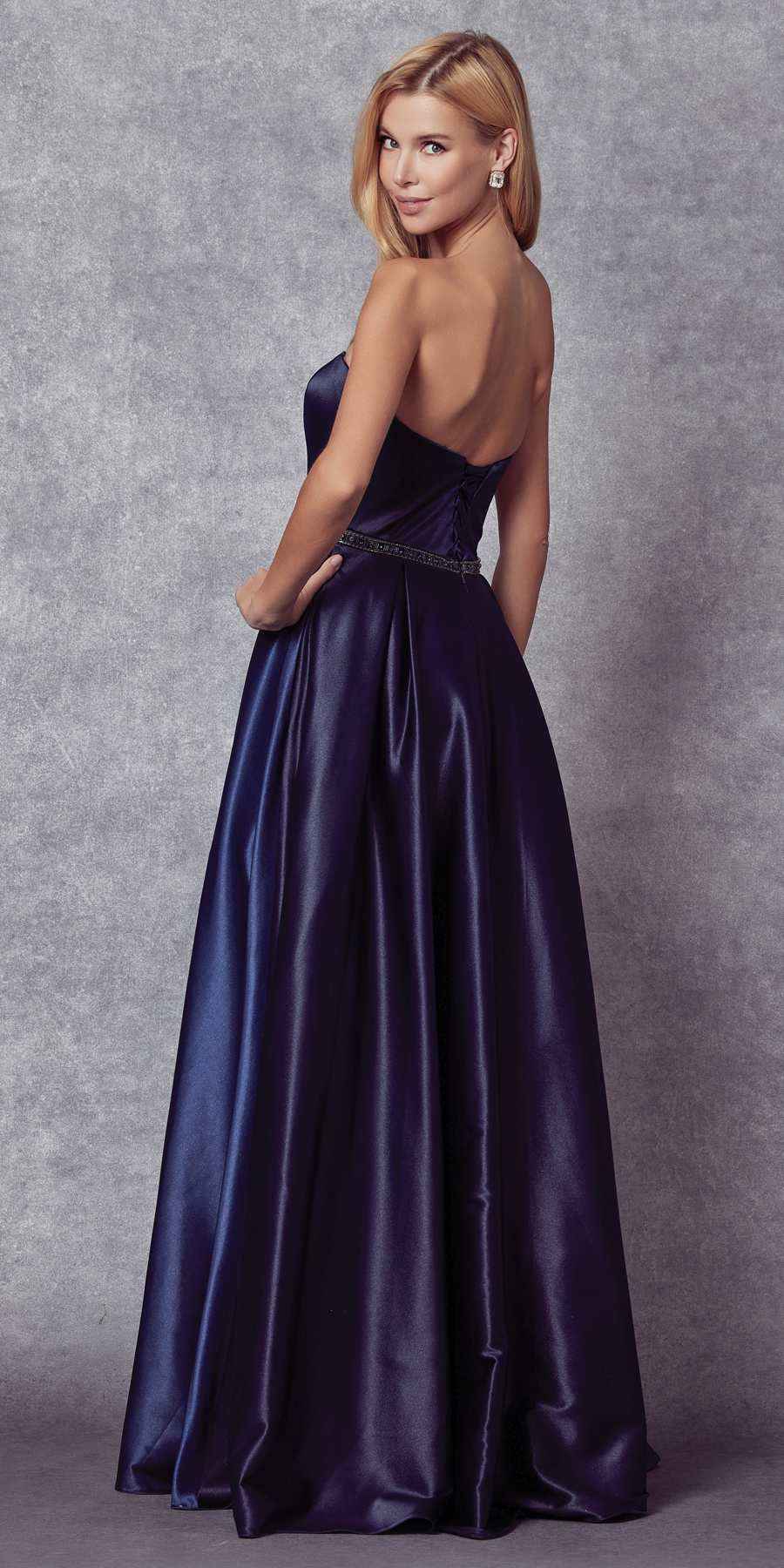 Juliet 688 Floor Length Shiny Satin A-Line Gown Beaded Belt with Pockets
