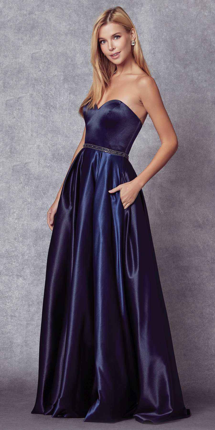 Juliet 688 Floor Length Shiny Satin A-Line Gown Beaded Belt with Pockets