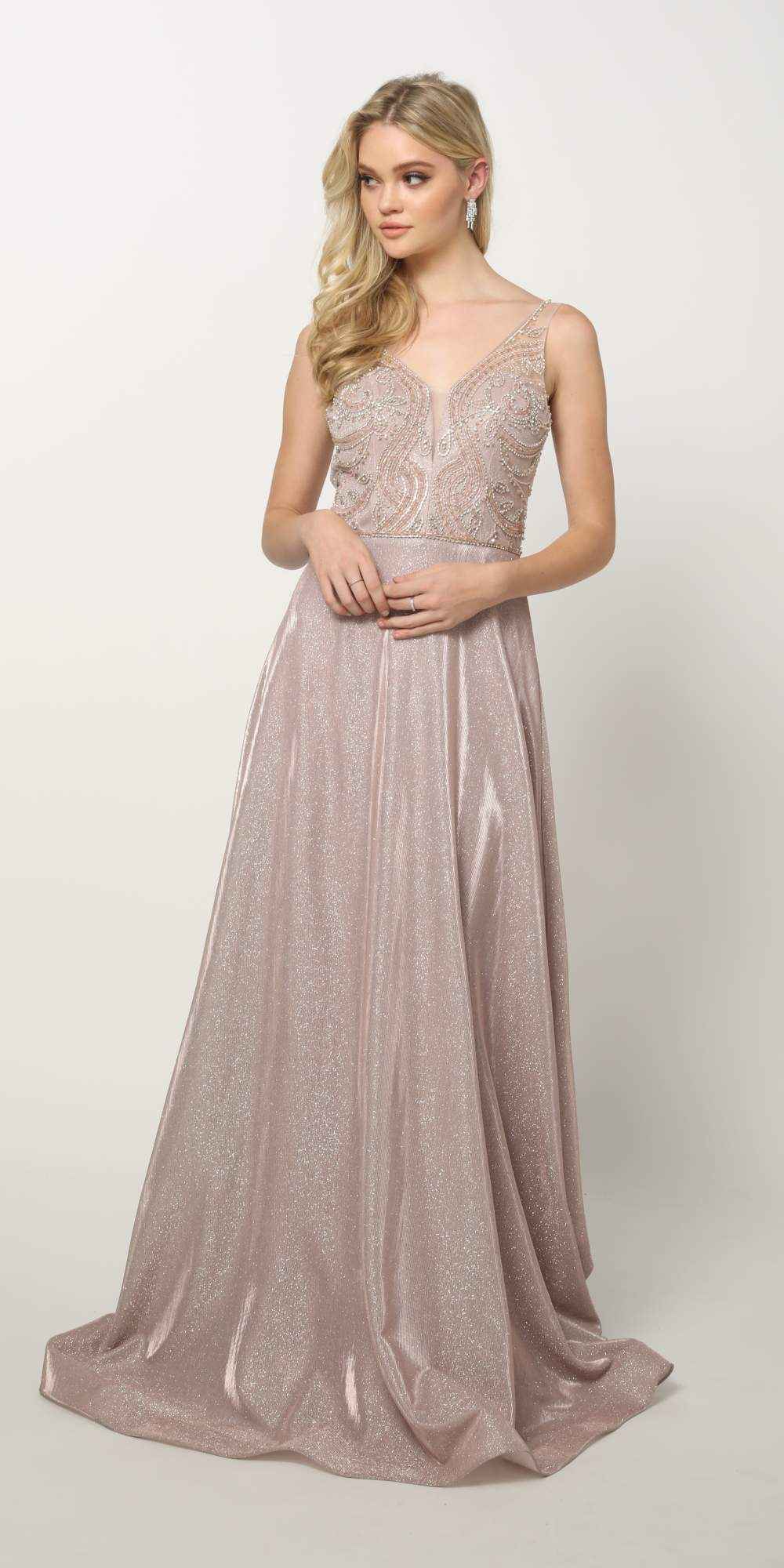 Juliet 699 Metallic Glitter Dress Embellished Bodice V-Neck Sleeveless
