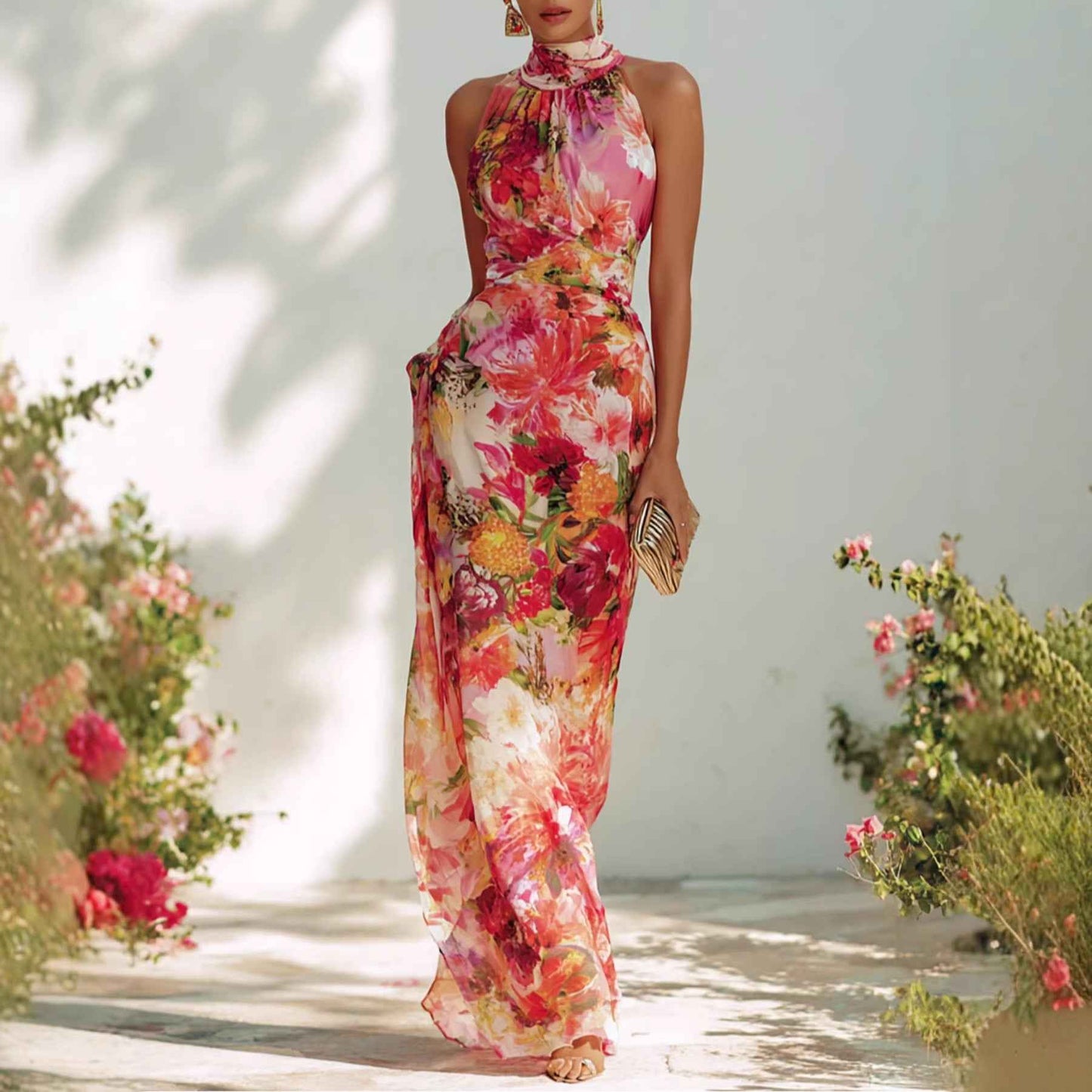 Elegant Floral Strapless Sleeveless Fitted Chiffon Dress