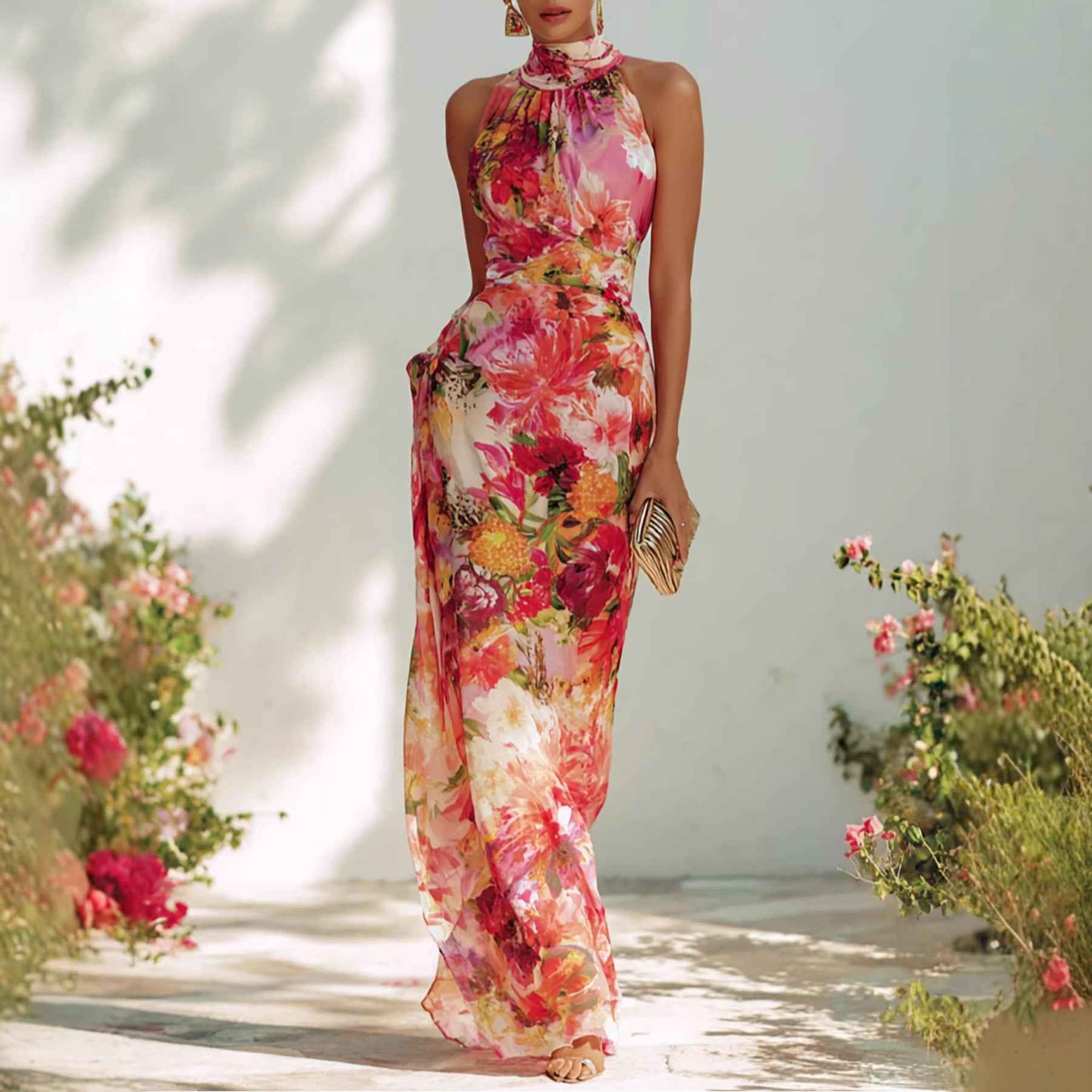 Elegant Floral Strapless Sleeveless Fitted Chiffon Dress