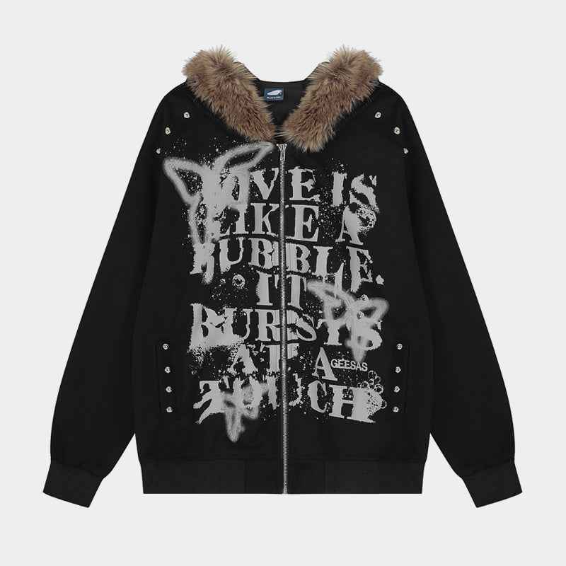 Graffiti Print Faux Fur | Zip Up Hoodie