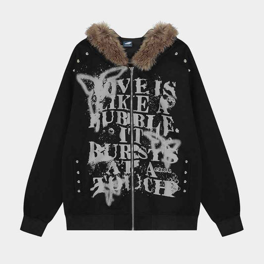Graffiti Print Faux Fur | Zip Up Hoodie