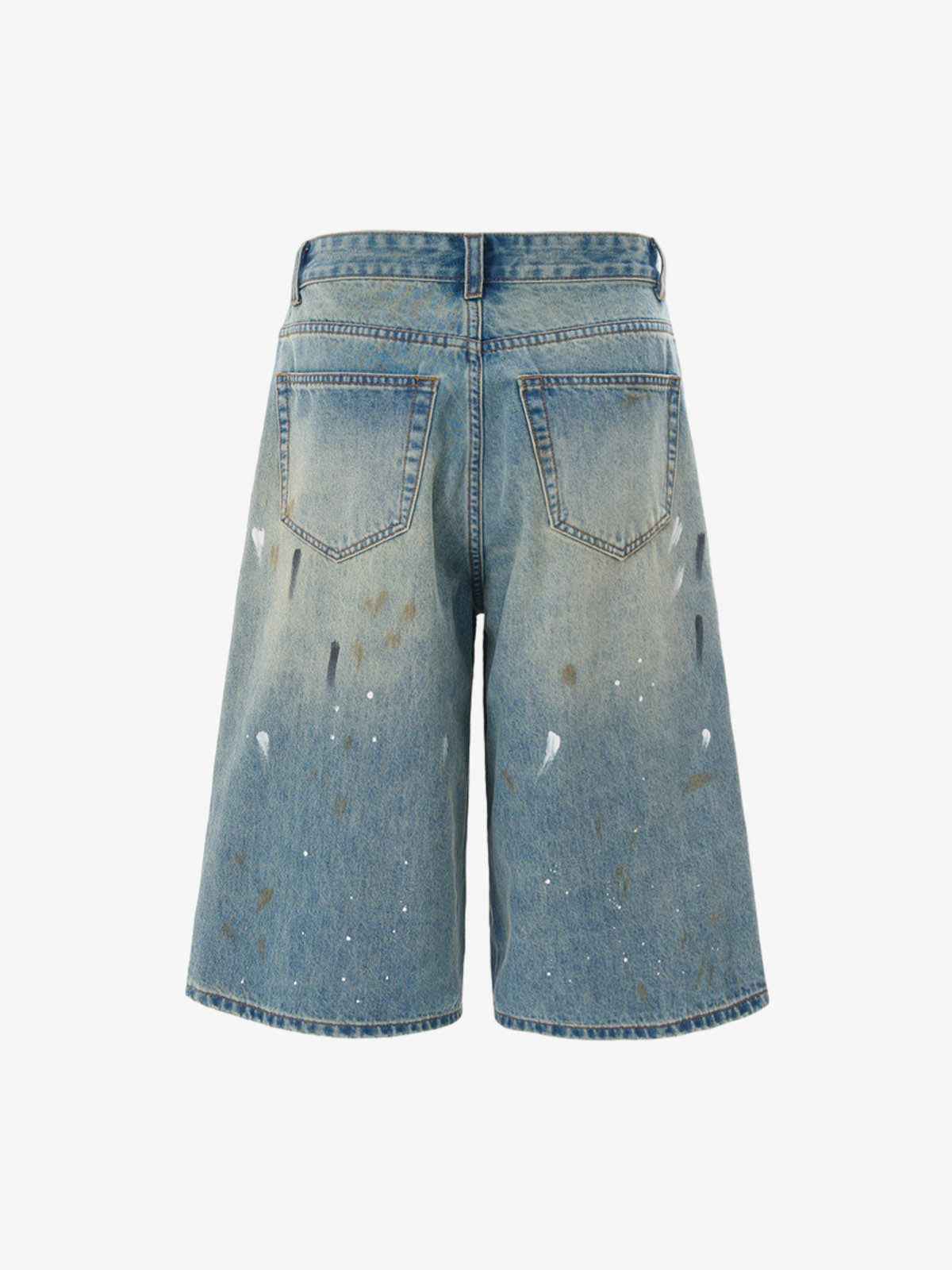Washed Distressed Ink-Splashed Denim Shorts