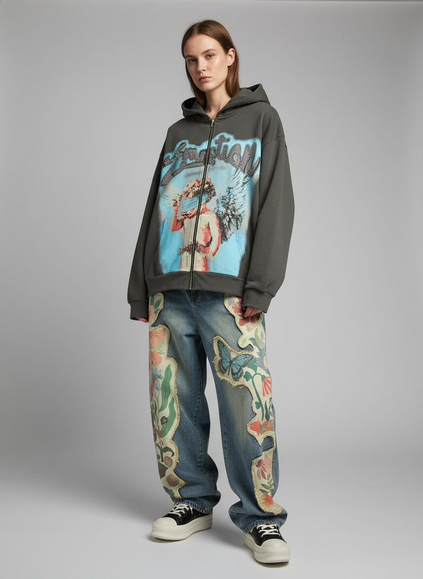 Vintage Floral Patchwork Baggy Jeans - Luxuryurbanwear