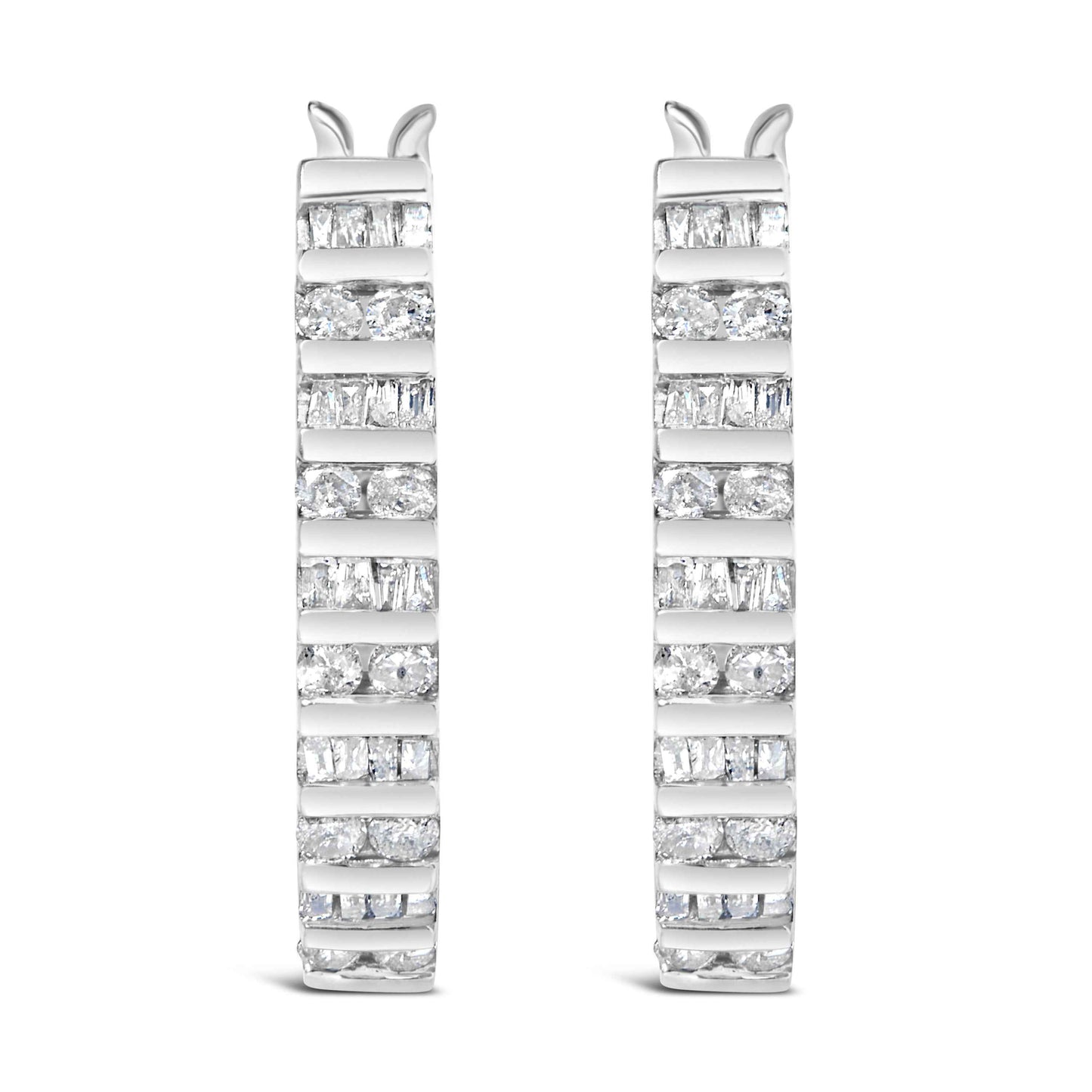 10K White Gold 1.0 Cttw Alternating  Diamond "U" Hoop Earrings (I-J Color, I2-I3 Clarity)