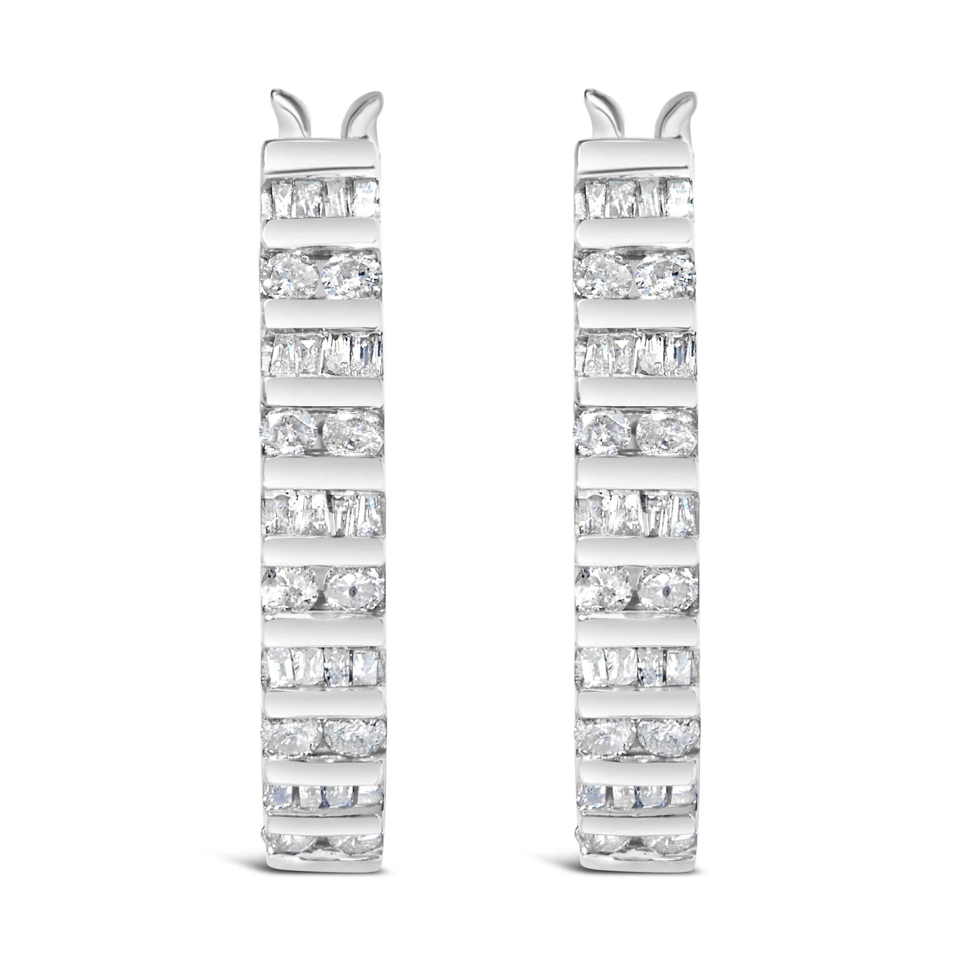 10K White Gold 1.0 Cttw Alternating  Diamond "U" Hoop Earrings (I-J Color, I2-I3 Clarity)