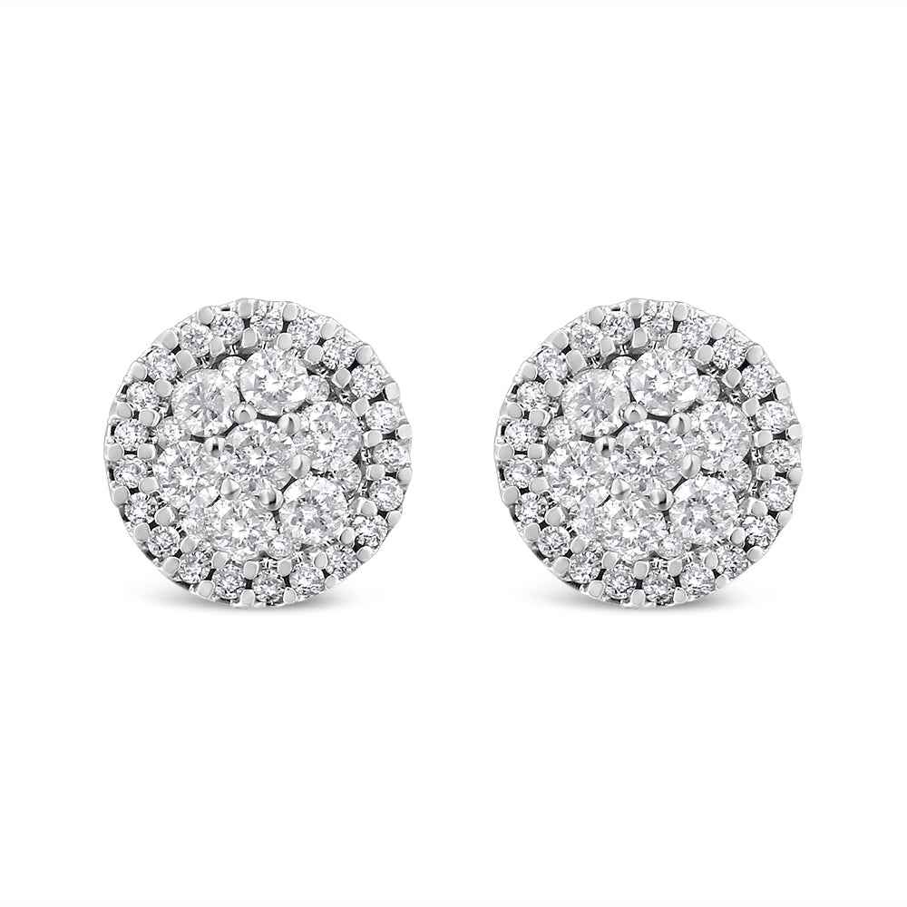 14K White Gold 1.0 Cttw Brilliant-Cut Diamond Halo-Style Cluster Round Button Stud Earrings (H-I Color, I1-I2 Clarity)