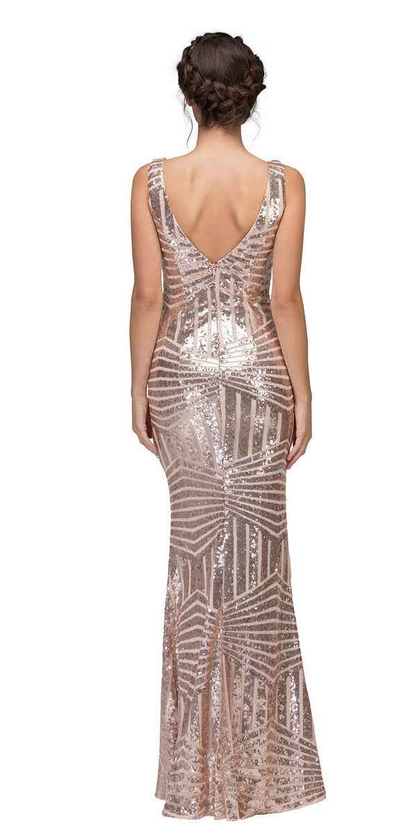 CLEARANCE - Eureka 7010 Floor Length Sequin Dress V-Neck with Sheer Inset (Size XS)