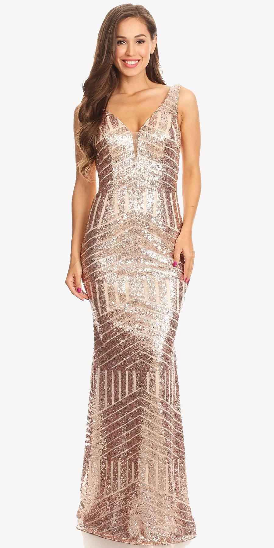 CLEARANCE - Eureka 7010 Floor Length Sequin Dress V-Neck with Sheer Inset (Size XS)