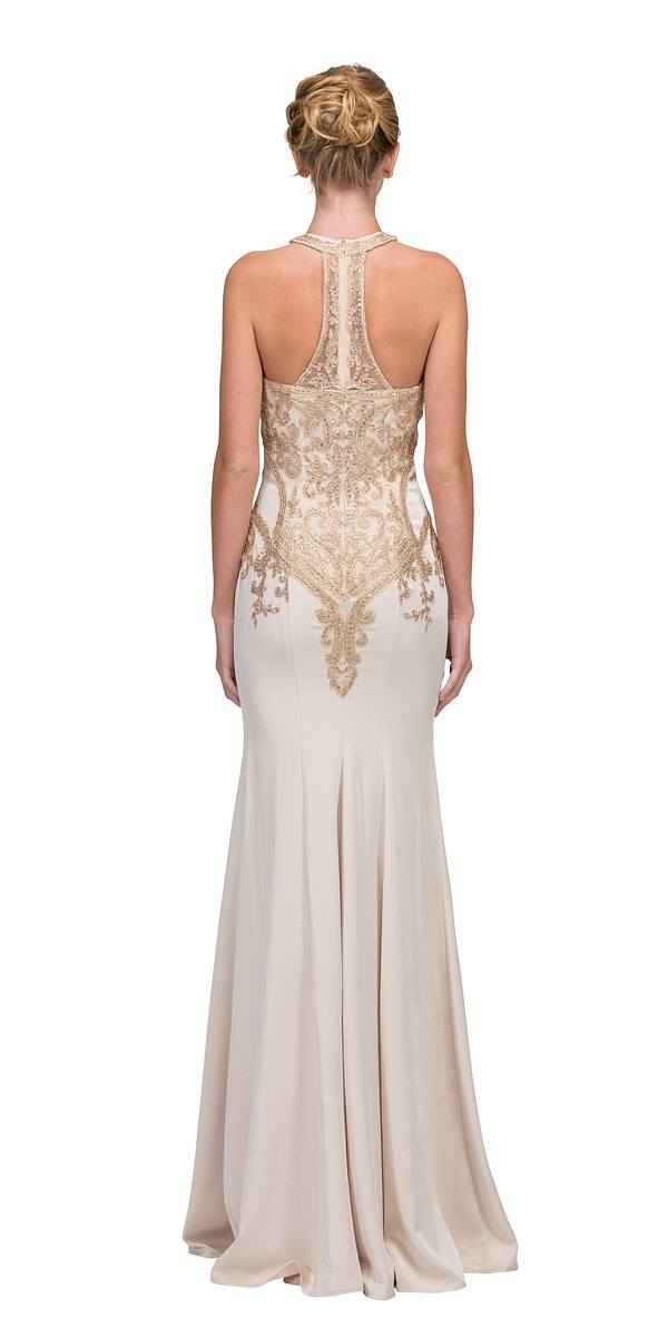 CLEARANCE - Eureka 7033 Embroidered Halter Mermaid Long Dress Racer Back (Size Small)