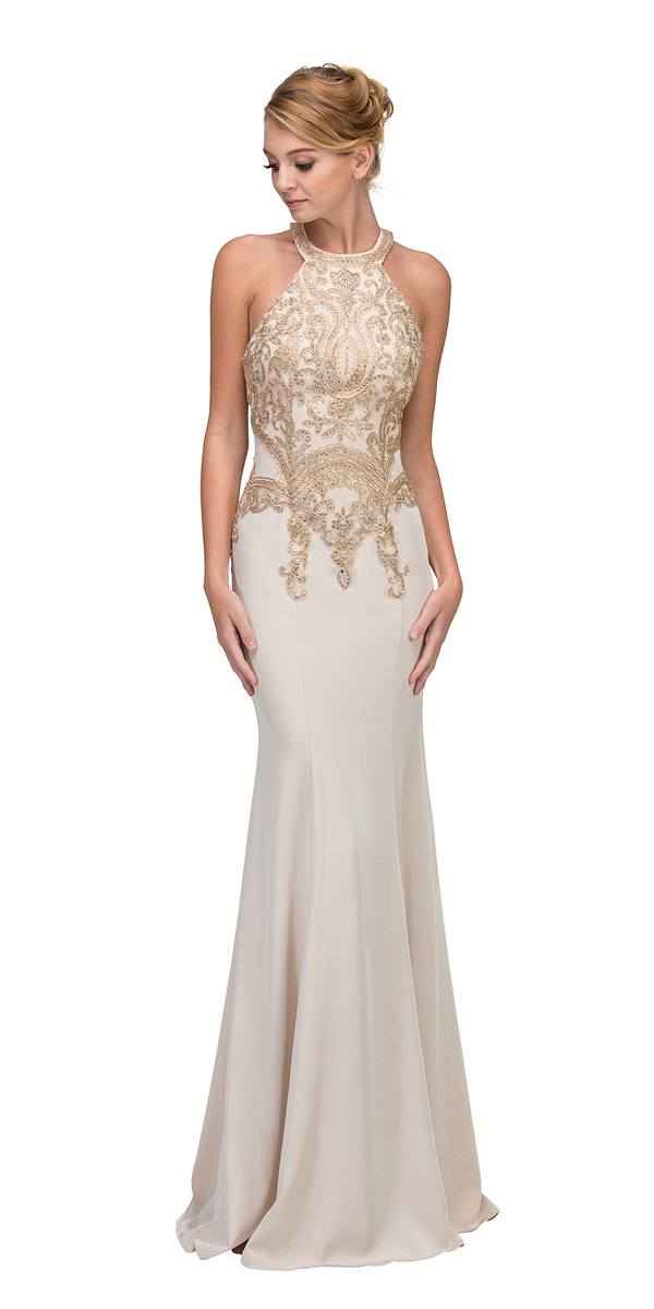 CLEARANCE - Eureka 7033 Embroidered Halter Mermaid Long Dress Racer Back (Size Small)