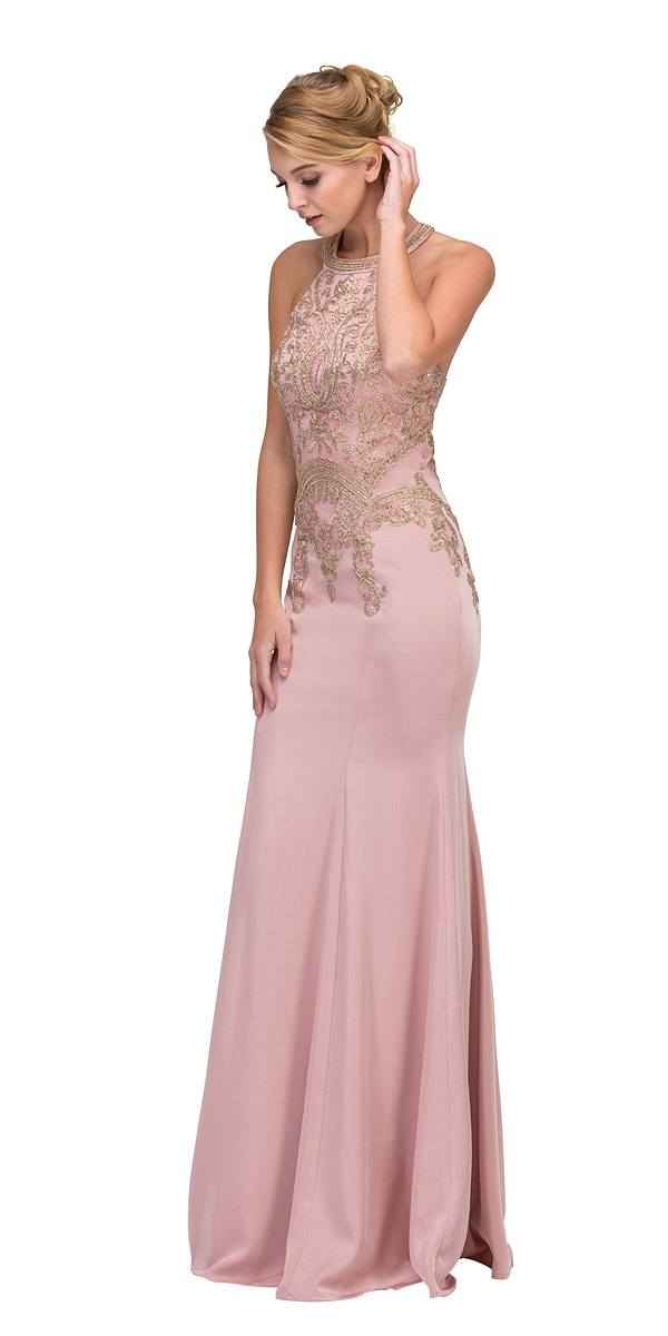 CLEARANCE - Eureka 7033 Embroidered Halter Mermaid Long Dress Racer Back (Size Small)
