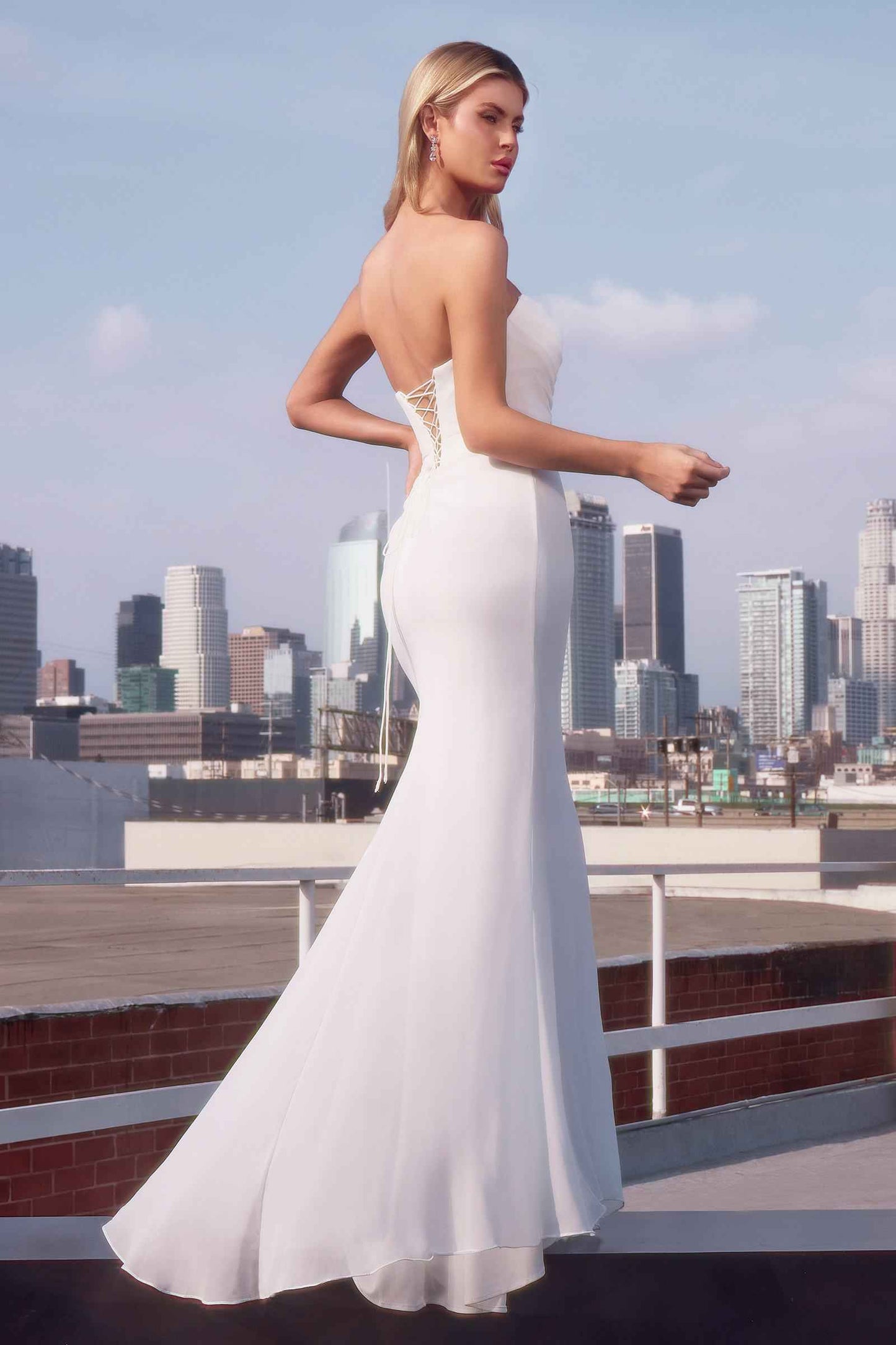 Ladivine 7434W Strapless Chiffon Fitted Off-White Dress