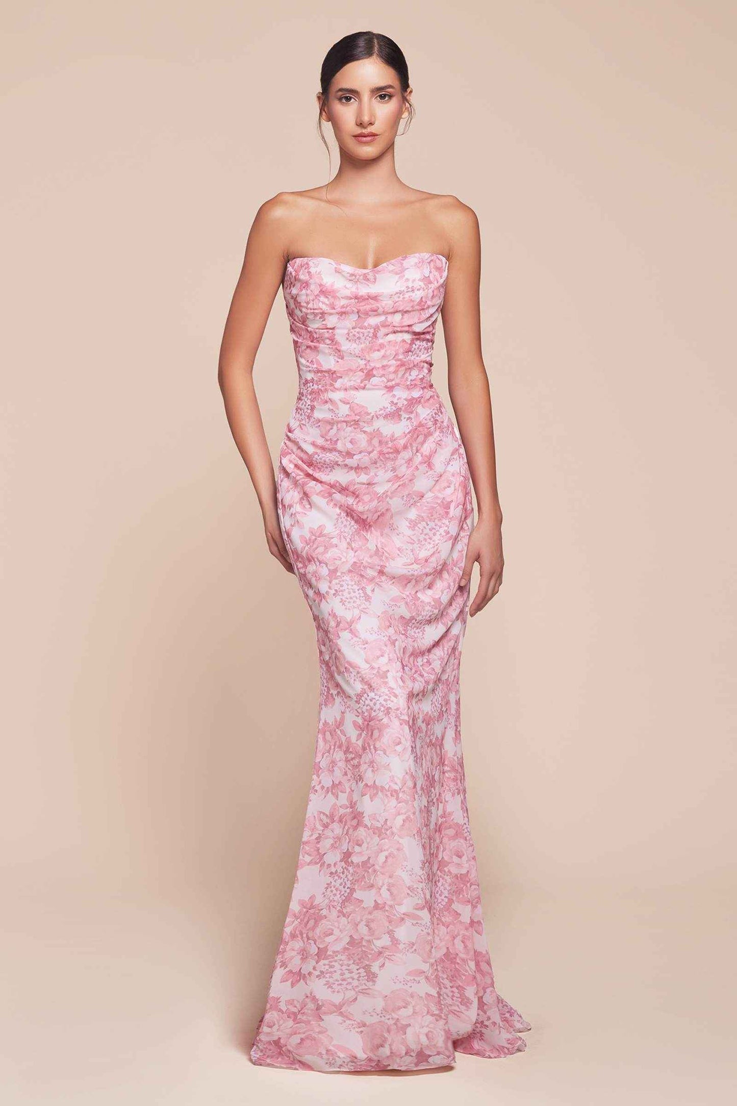 Ladivine 7445 Dress Strapless Floral Printed Fitted Soft Satin Dress