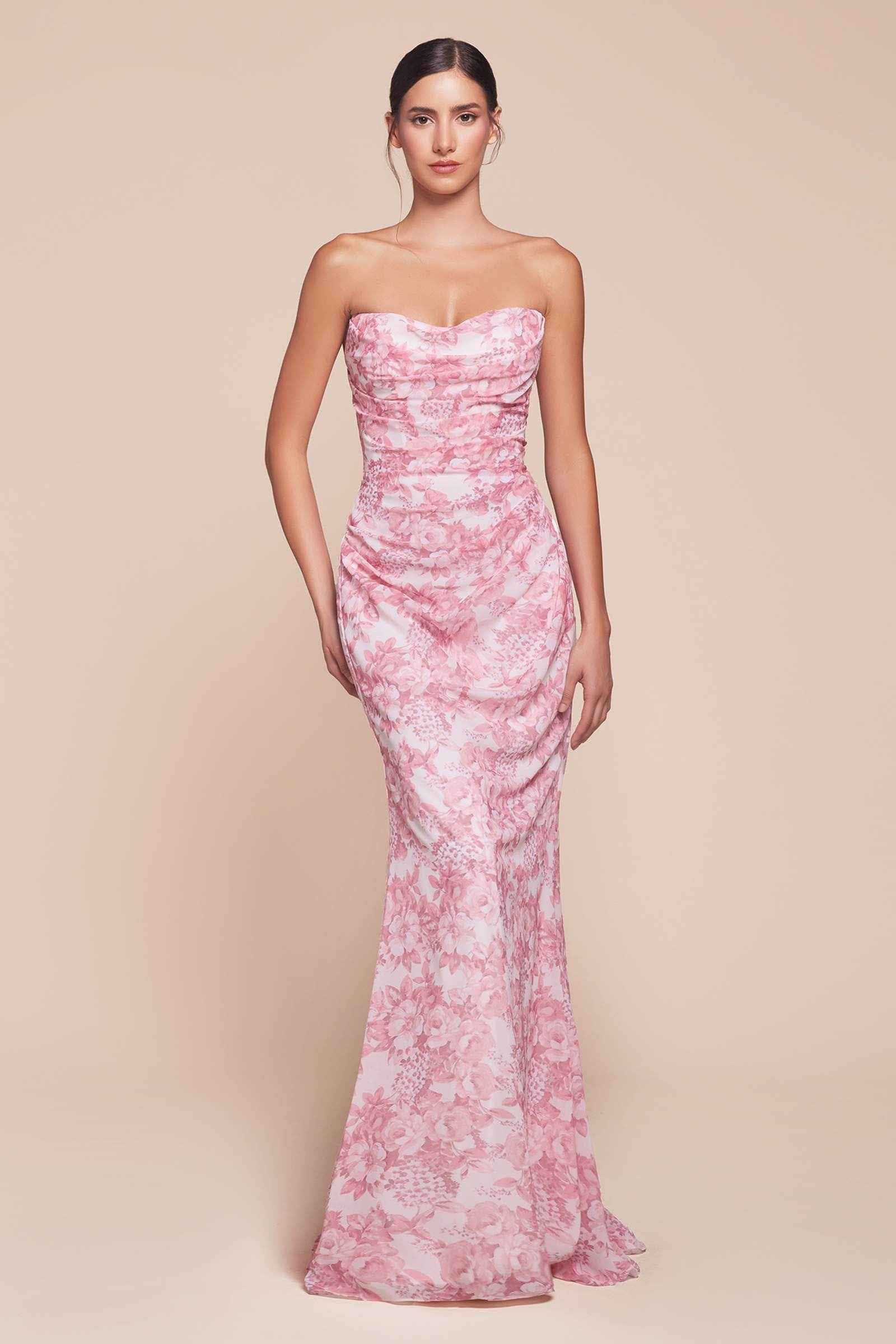 Ladivine 7445 Dress Strapless Floral Printed Fitted Soft Satin Dress