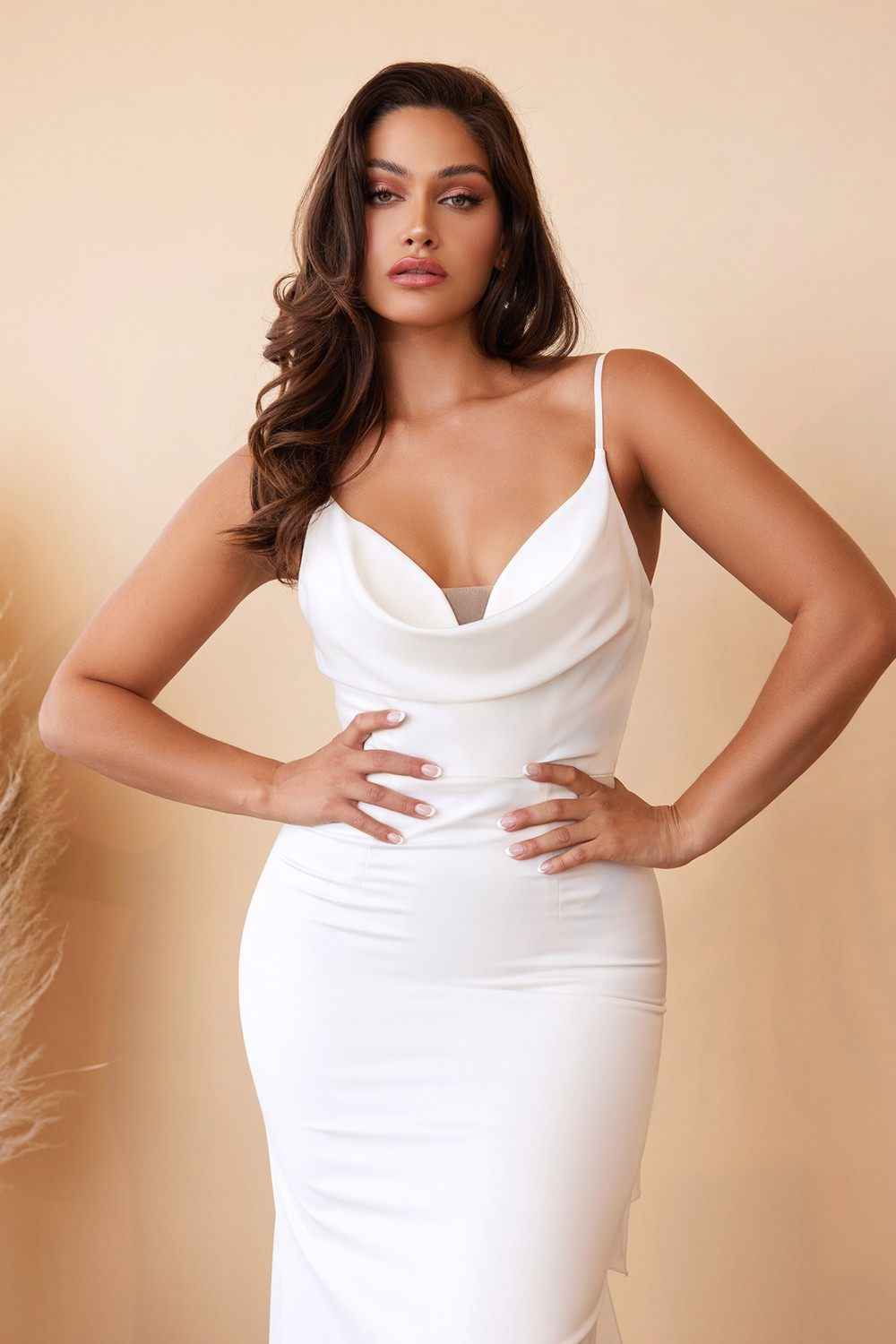 Cinderella Divine 7487W Fitted Satin Dress Cowl Neckline Open Tie Back