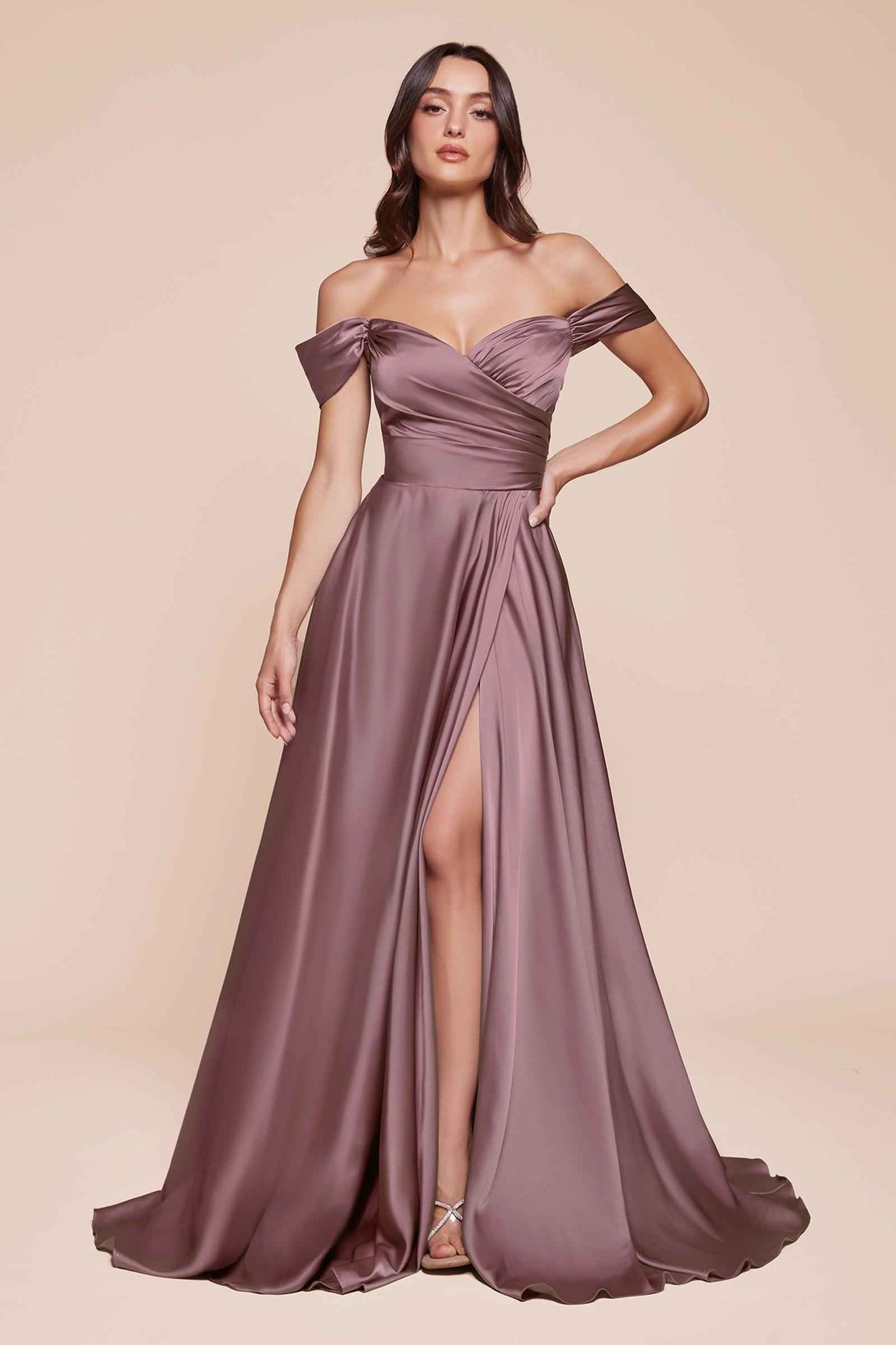 Cinderella Divine 7493C Long Plus Size A-Line Off the Shoulder Satin Dress