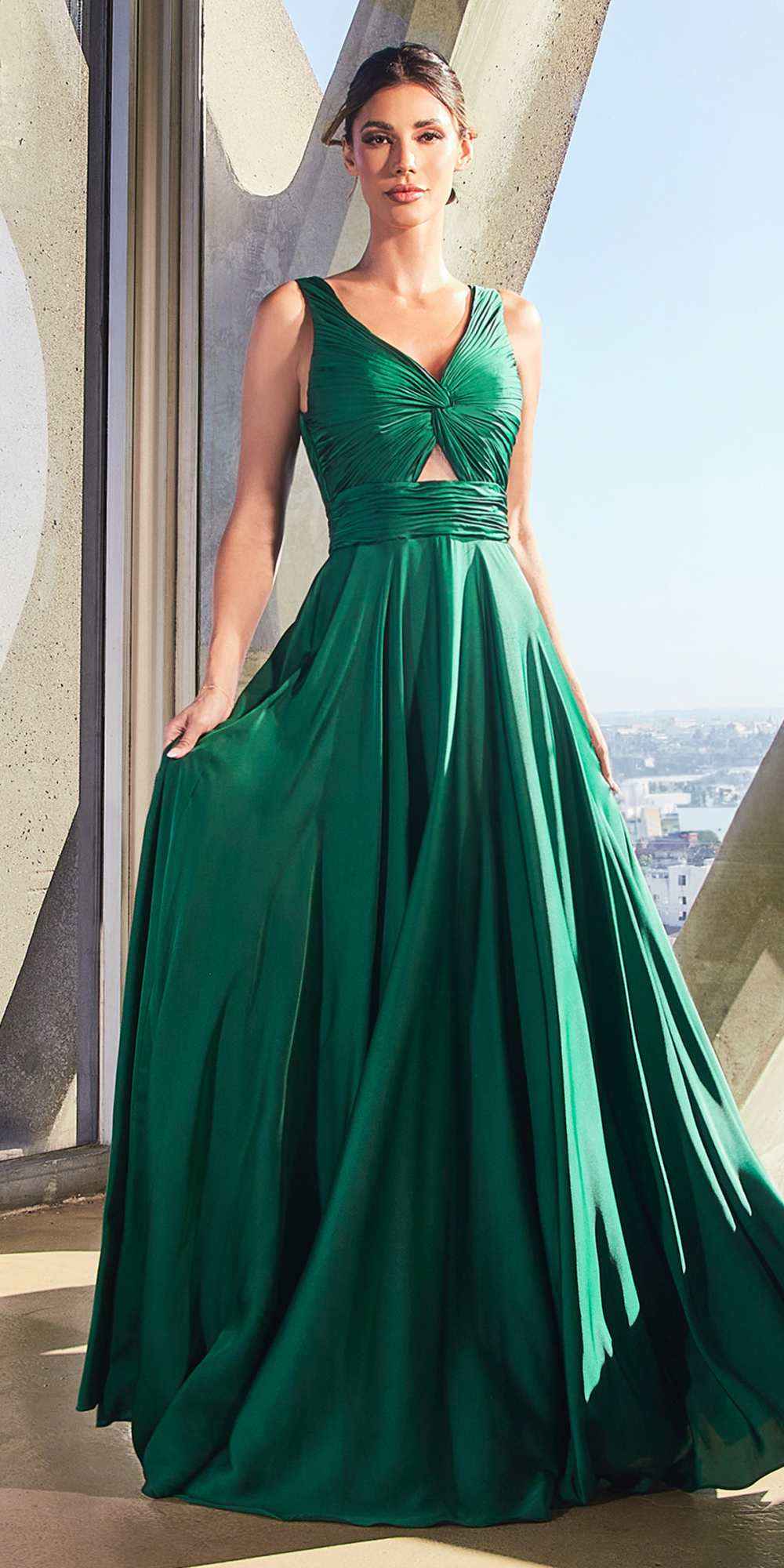 Ladivine 7497 Long A-Line Satin Keyhole Twisted Bodice Formal Gown