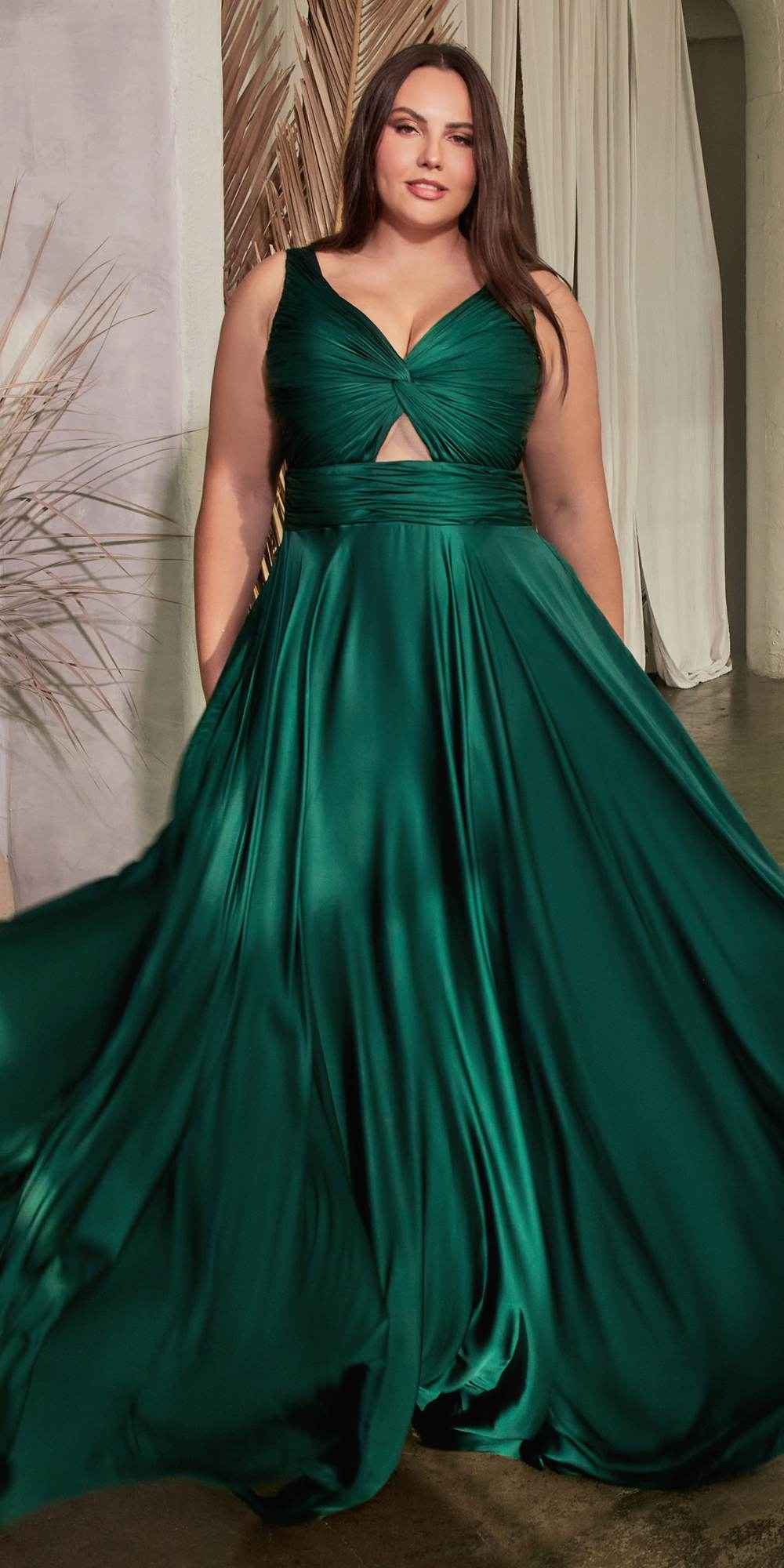 Ladivine 7497 Long A-Line Satin Keyhole Twisted Bodice Formal Gown
