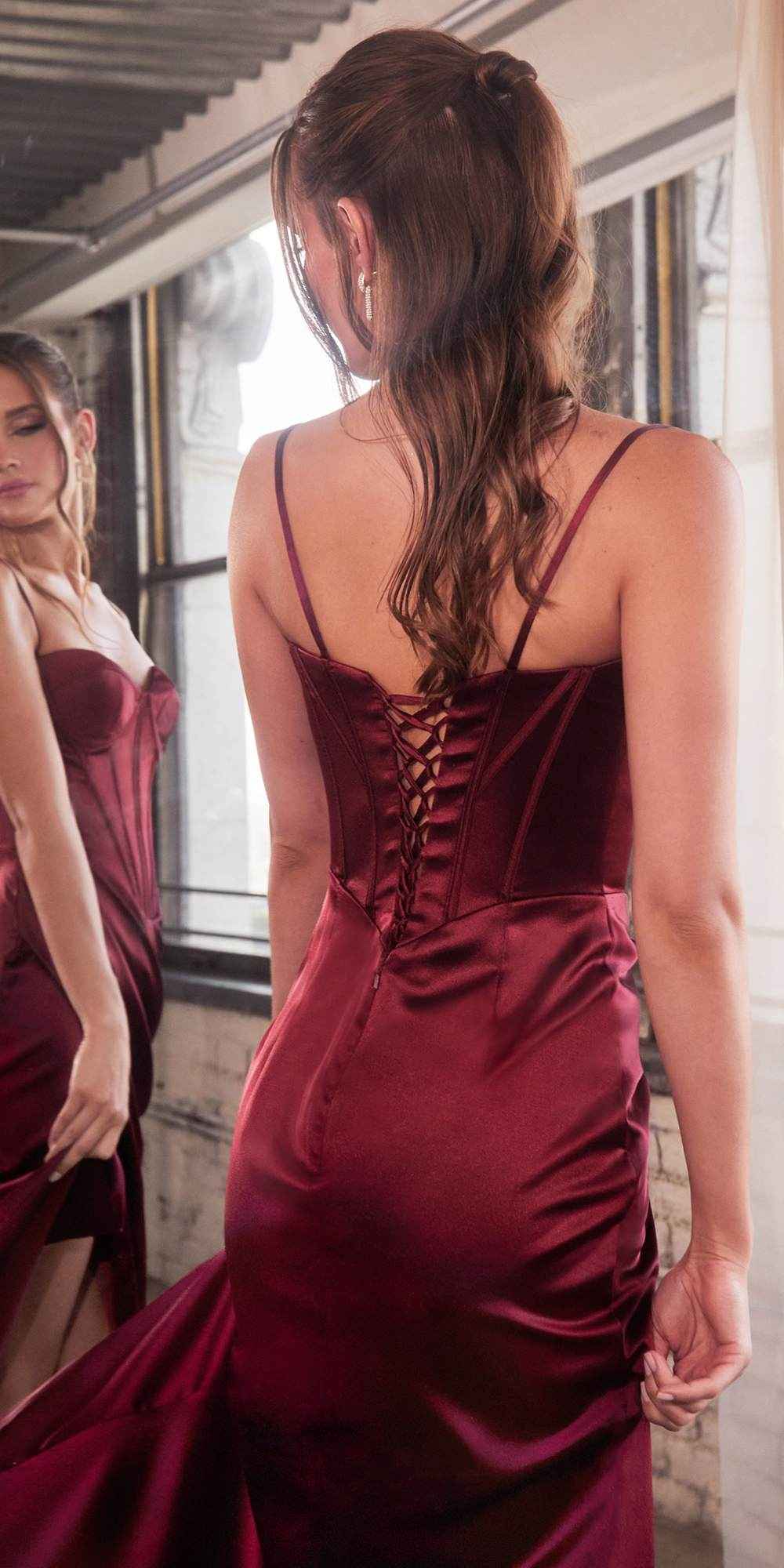 Ladivine 7498 Floor Length Fitted Satin Sweetheart Draped Gown
