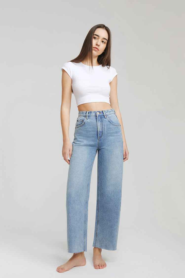 Moon Curve Raw Hem Crop Jeans HJ129