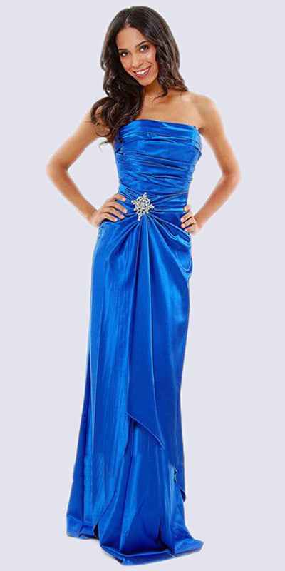 CLEARANCE - Long Strapless Formal Dress Satin Rhinestone Pleated Bodice (Size S, L)
