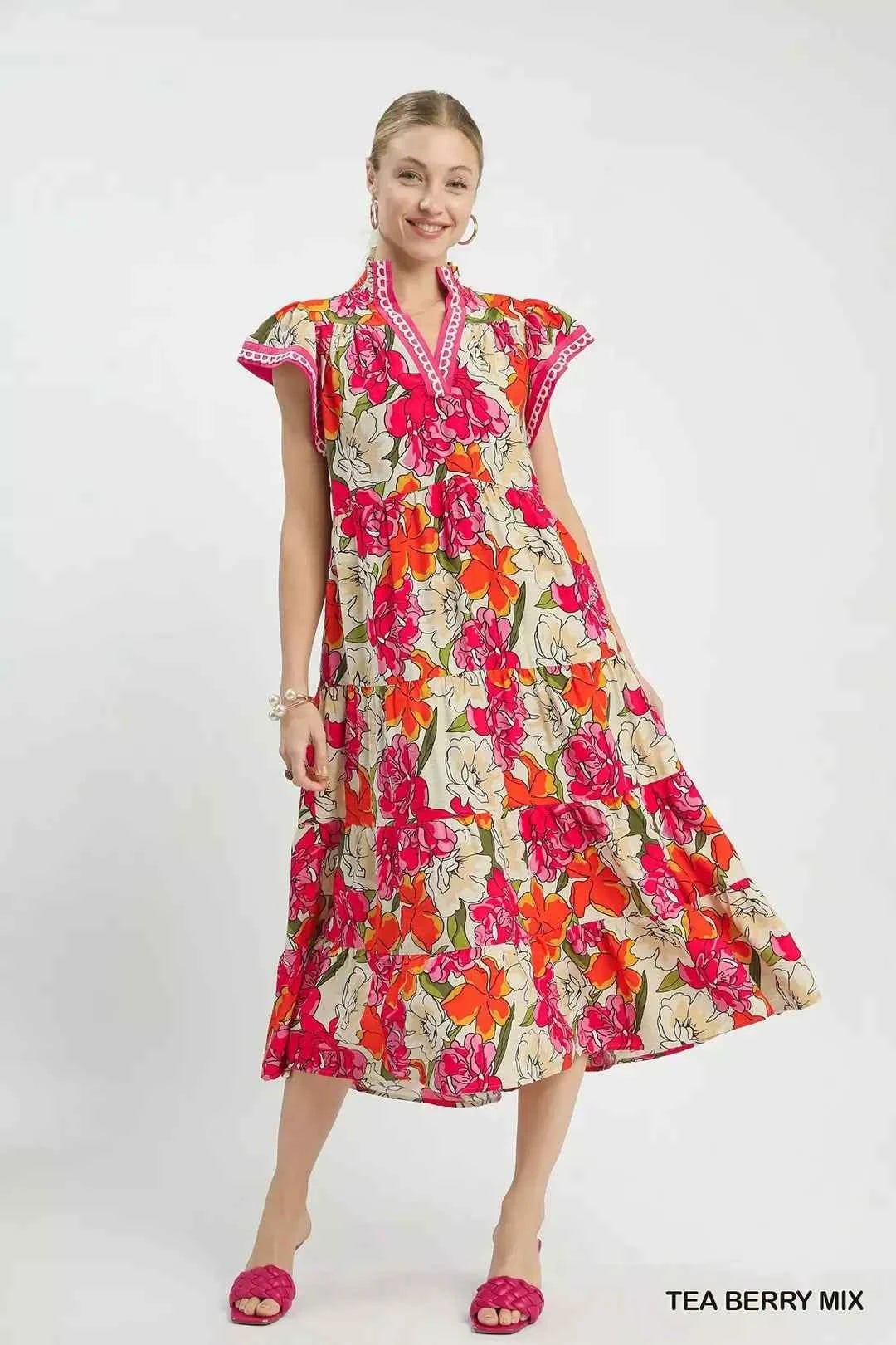Umgee Mix Bold Floral Tiered Midi Dress