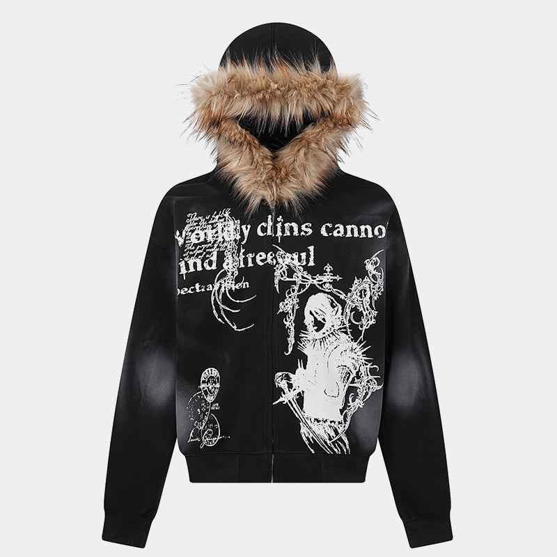 Gothic Distressed Print | Zip-Up Hoodie