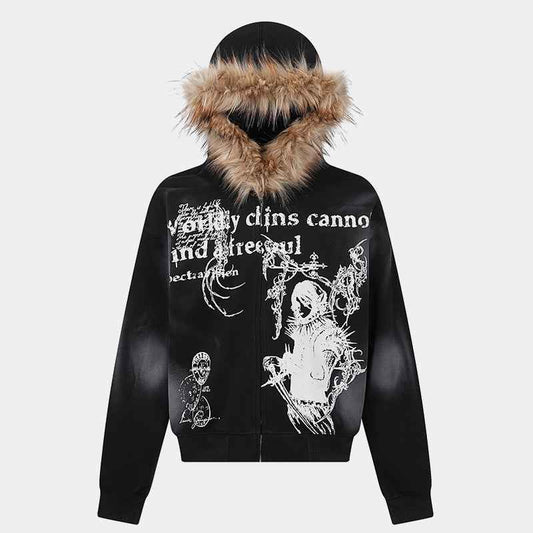 Gothic Distressed Print | Zip-Up Hoodie