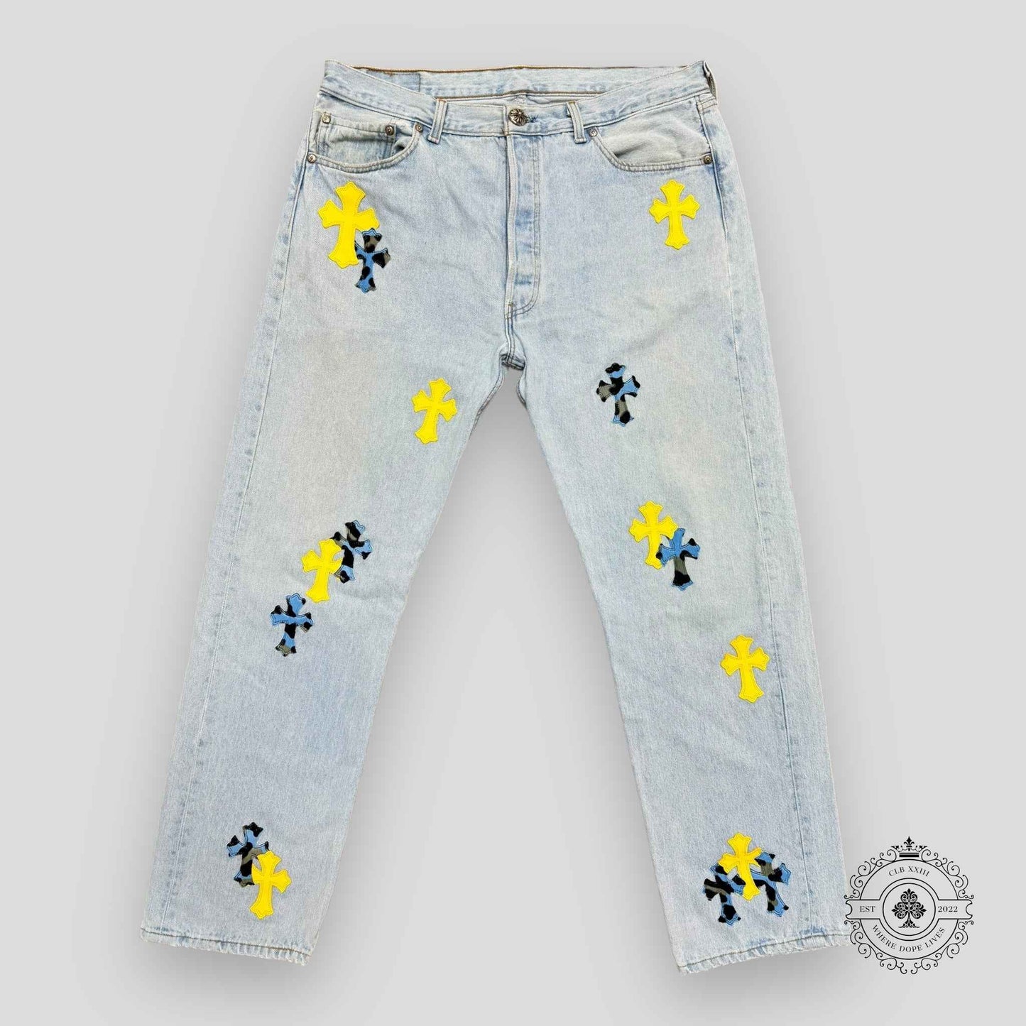 Chrome Hearts Yellow / Blue Cross Patch Jeans