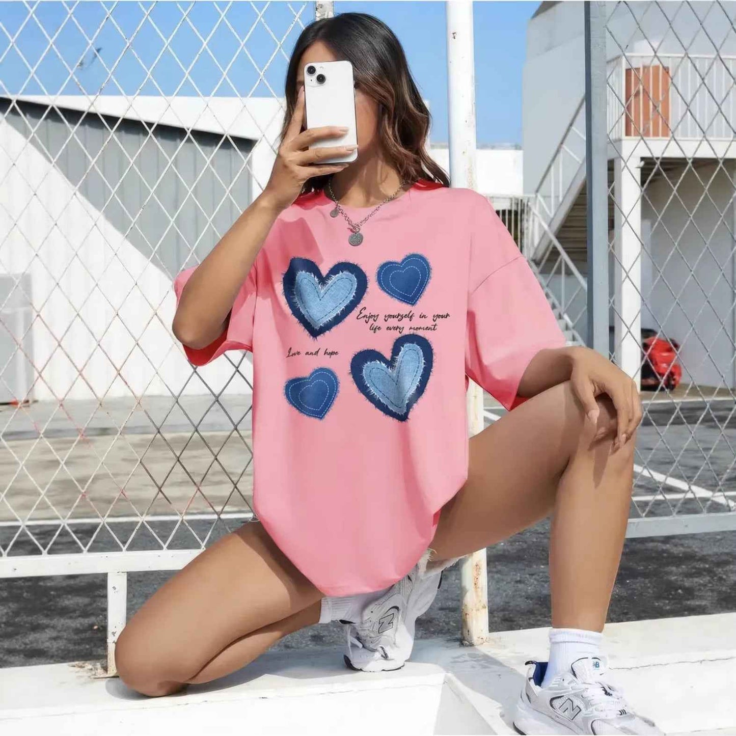 Love pattern round neck short sleeved loose top for women