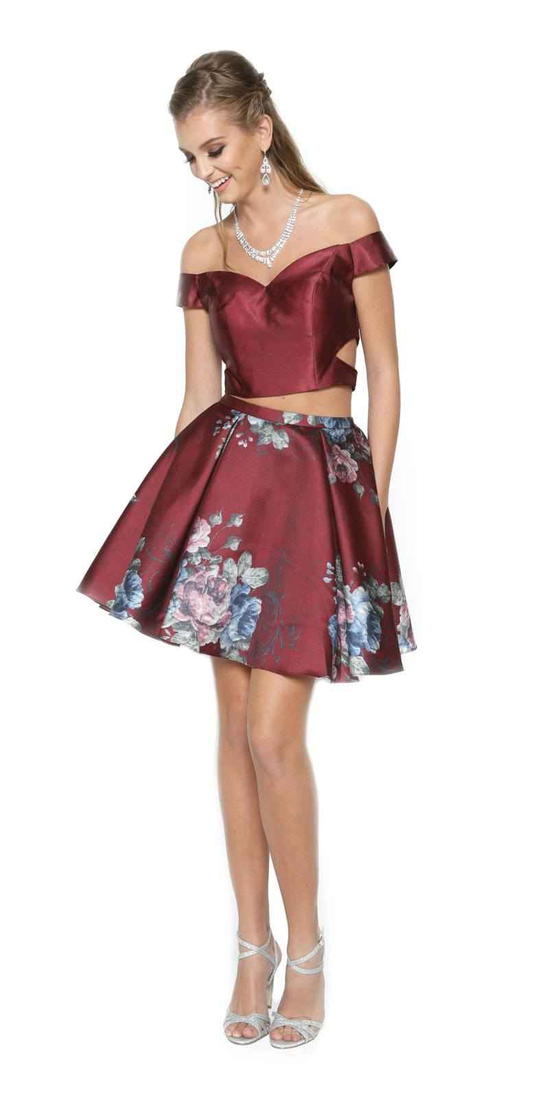 Juliet 798 Print Skirt Two-Piece Homecoming Dress Off-Shoulder