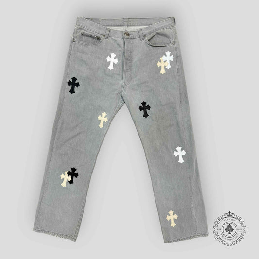 Chrome Hearts White / Cream Cross Patch Jeans