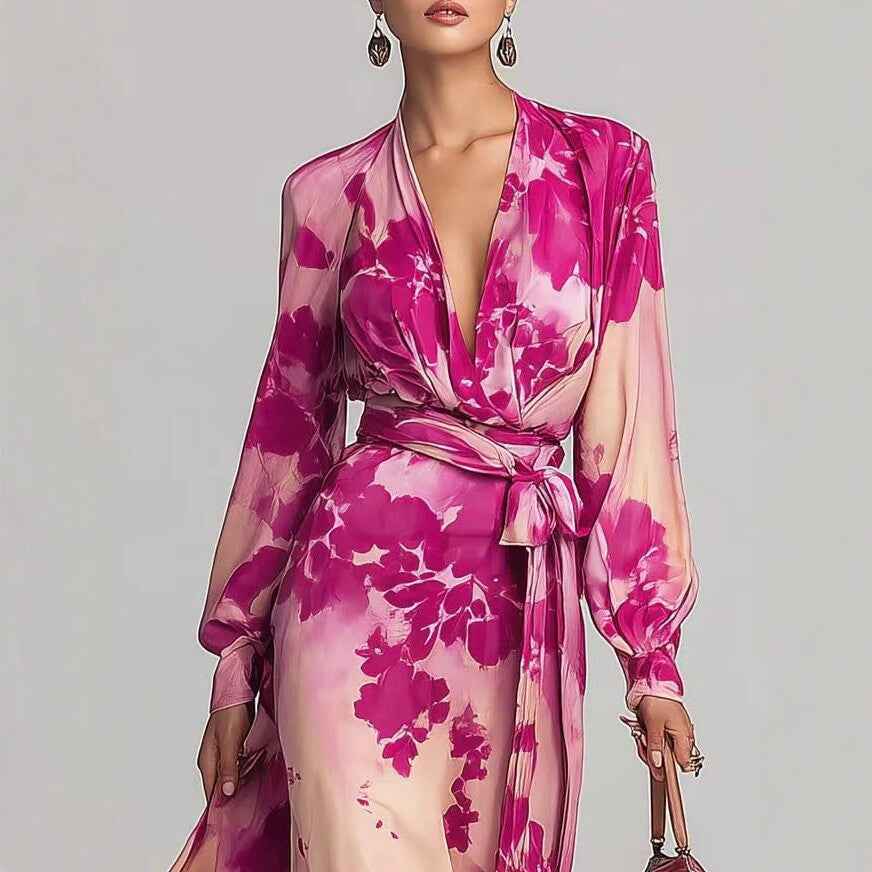 Printed Chiffon Long Sleeve V-Neck Tie-Up Dress Elegant Chic Spring New Long Dress