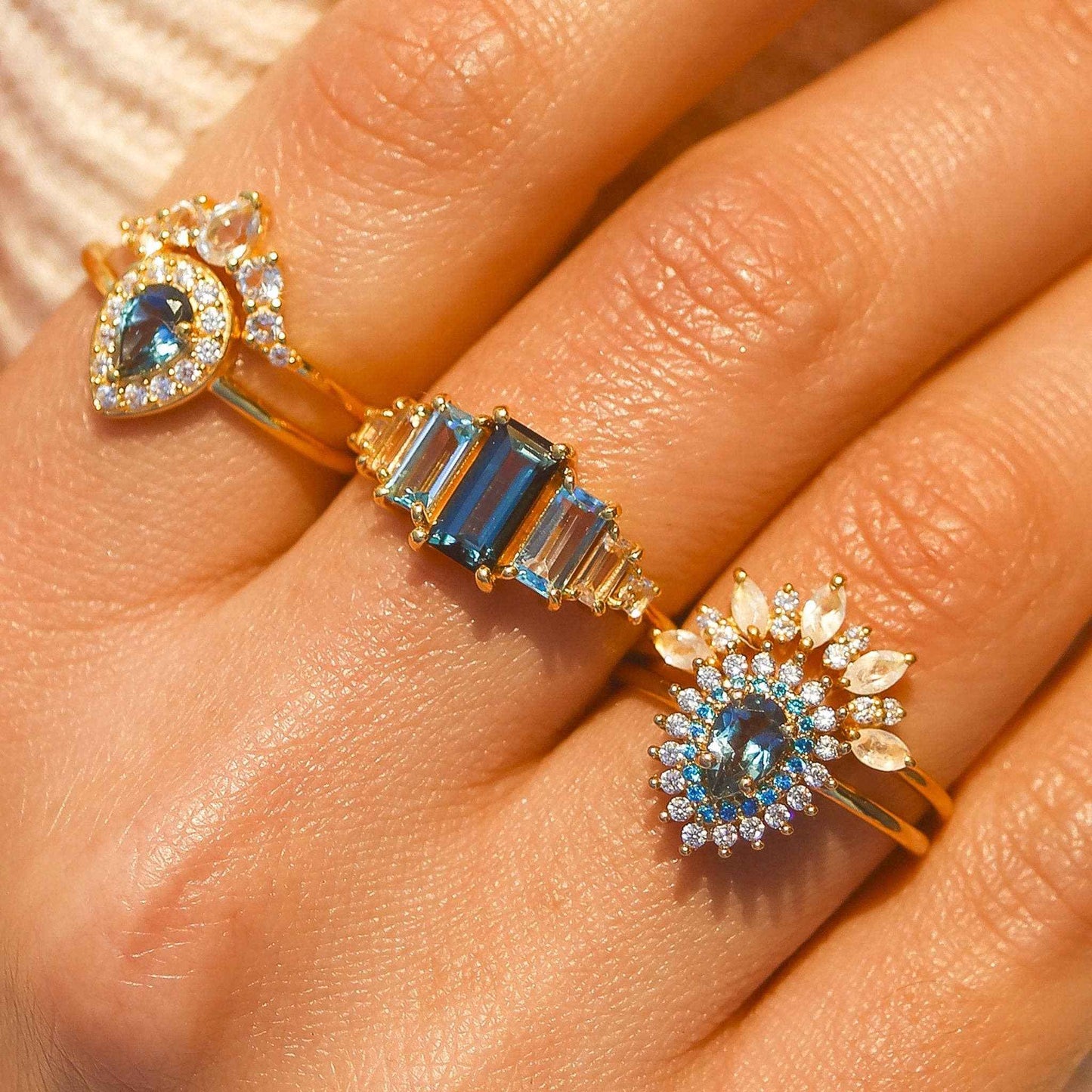 Rainbow Moonstone & Diamond Sunrise Arc Ring