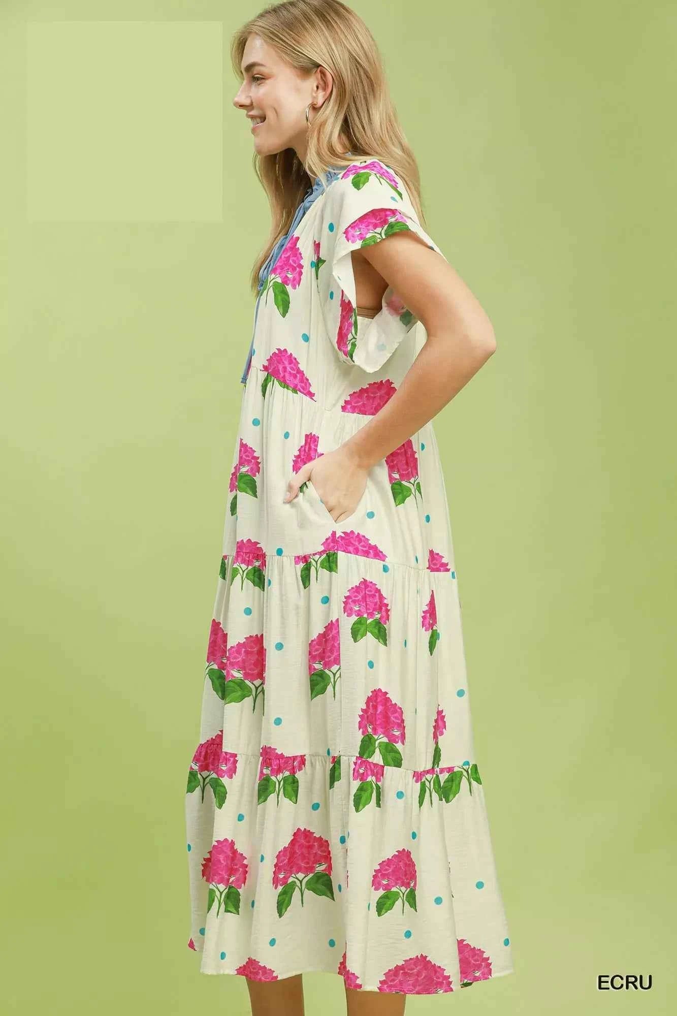 Umgee Hydrangea Print Tiered Midi Dress