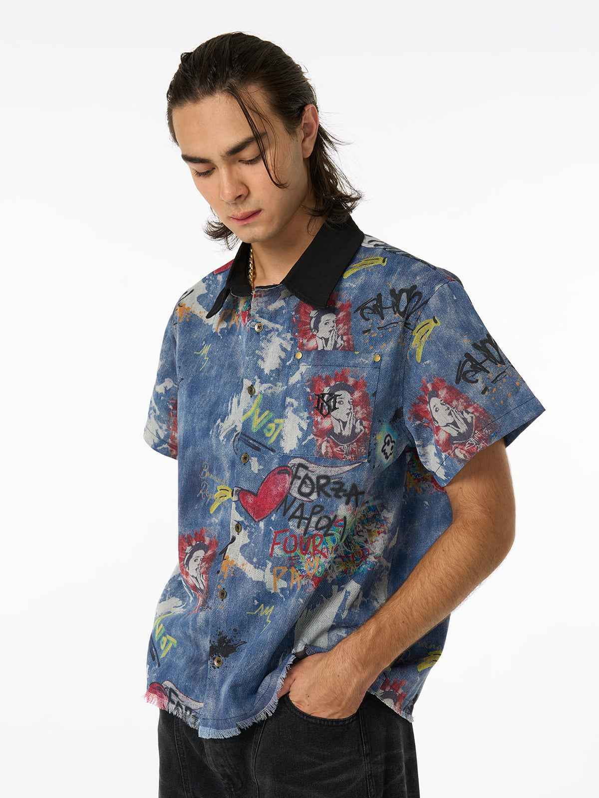 Tie-Dye Denim Graffiti Polo T-Shirt