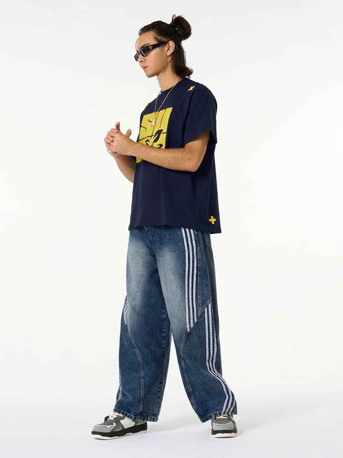 Denim Contrast Striped Stitching Barrel Jeans - 2504